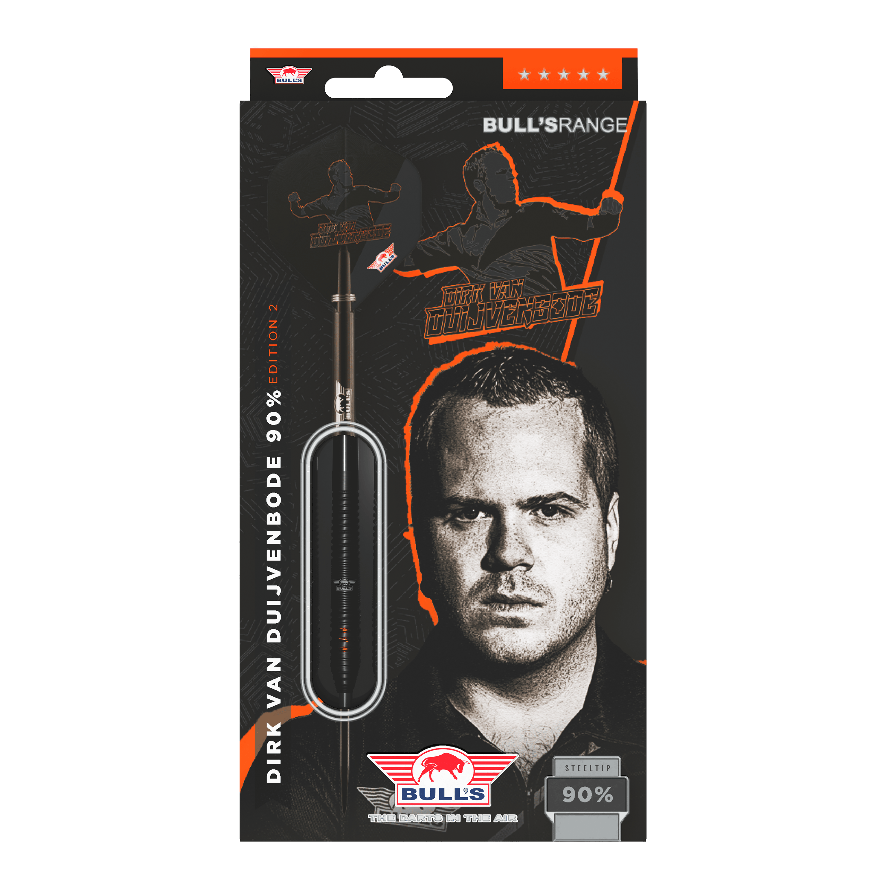 Bulls NL Dirk Van Duijvenbode Edition 2 stalowe rzutki Die Abbildung zeigt die Verpackung der "Bulls NL Dirk Van Duijvenbode Edition 2 Steeldarts". Auf der Verpackung ist ein Bild von Dirk Van Duijvenbode sowie ein Dartpfeil zu sehen.