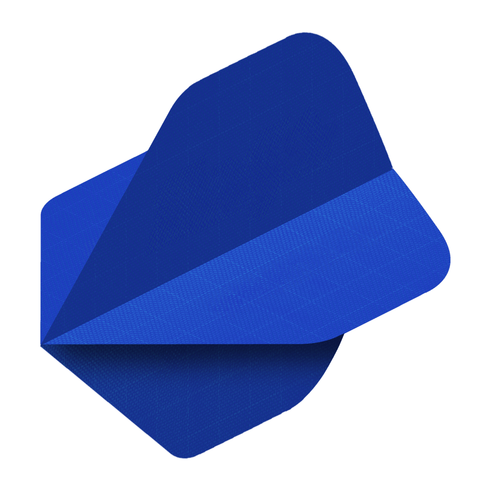 Das Bild zeigt ein blaues Nylon-Stoff Flight für Dartpfeile. Das Flight hat eine glatte Oberfläche und abgerundete Ecken.