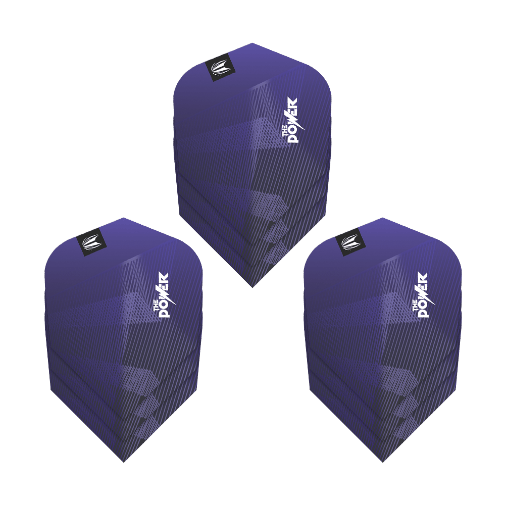 Lotki Target Pro Ultra Phil Taylor Power GEN10 Ten-X - 3 zestawy Das Bild zeigt drei Sätze der Target Pro Ultra Phil Taylor Power GEN10 Ten-X Flights. Die Flights sind überwiegend lila mit weißen Schriftzügen und grafischen Mustern gestaltet.
