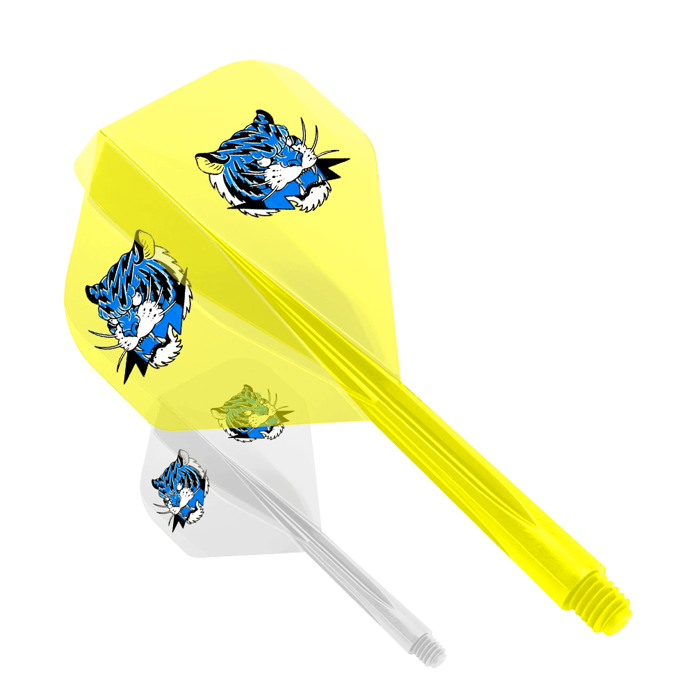 Das Bild zeigt das Produkt "Condor AXE Inazuma Tiger Mix Flight-System Yellow Clear - Small". Es handelt sich um einen gelben Dart-Flügel mit einem auffälligen Tigerkopf-Design.