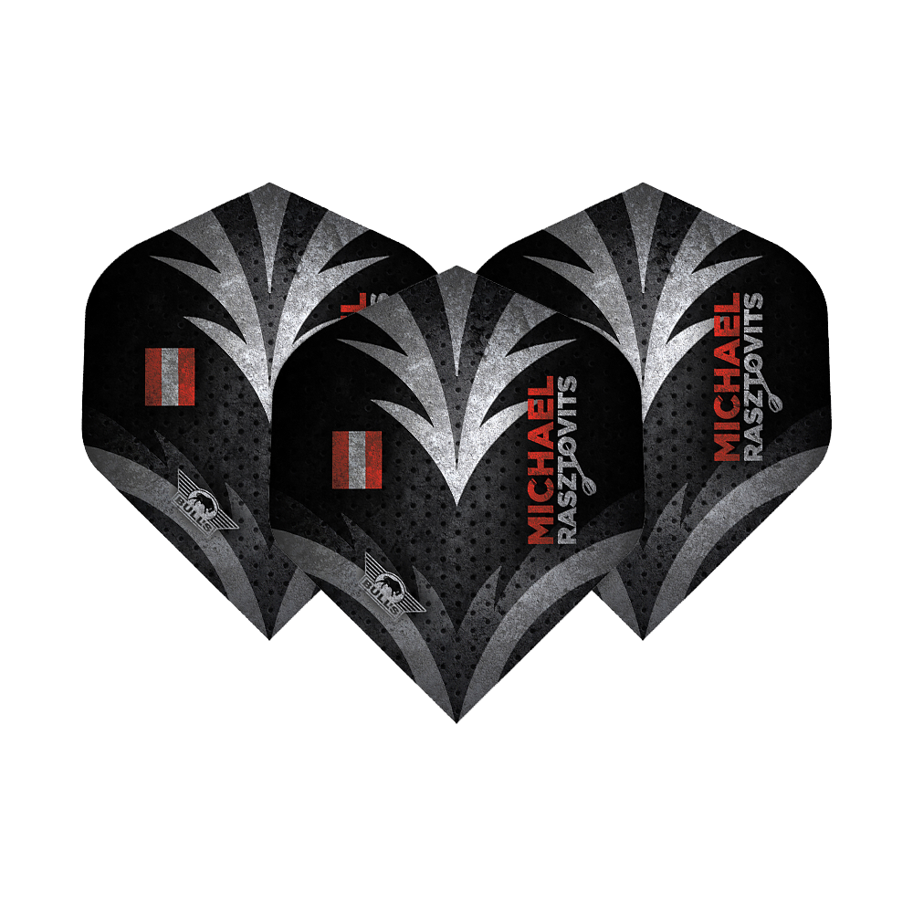 BU50860_Bulls_Powerflite_Rasto_Erode_No6_Flights_19euImNdMjtaFB Das Bild zeigt drei Dart-Flights mit schwarzem und silbernem Design. Auf den Flights steht der Name "Michael Rasztovits" in roter und weißer Schrift.