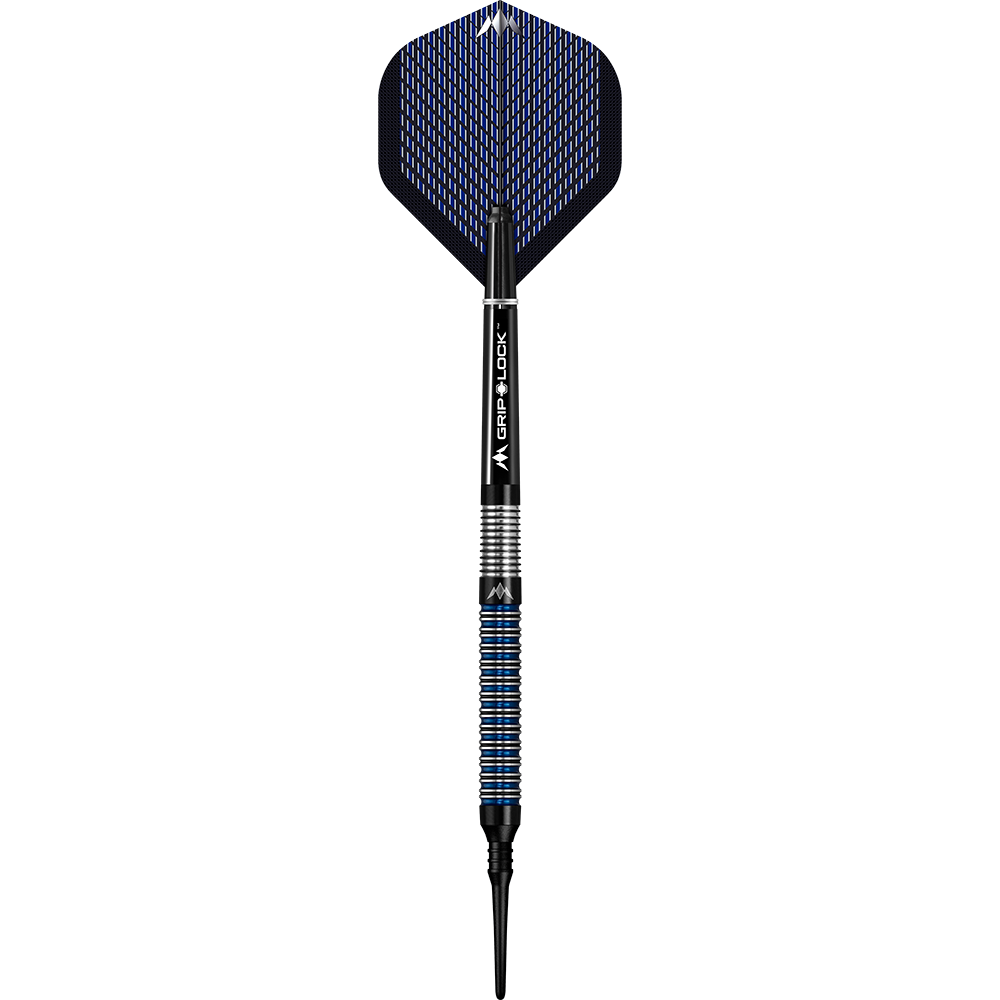Das Bild zeigt einen Softdart namens "Mission Nightfall Model 1". Der Dart hat schwarze und blaue Akzente sowie eine strukturierte Griffzone.