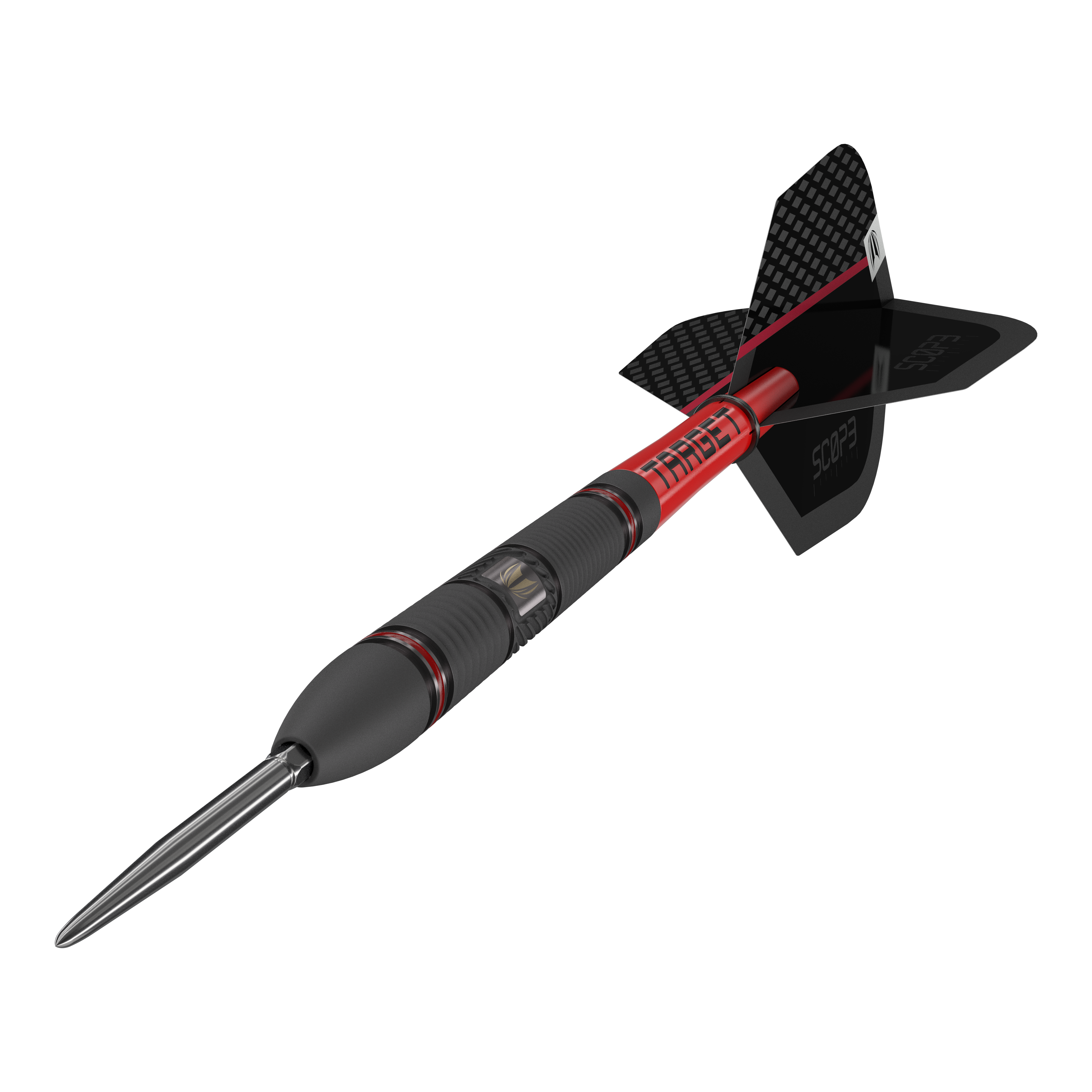 Stalowe lotki Target Scope 02 Swiss Point Das Bild zeigt den Target Scope 02 Swiss Point Steeldart. Der Dartpfeil hat ein schwarzes und rotes Design mit einer metallischen Spitze und schwarzen Flights.