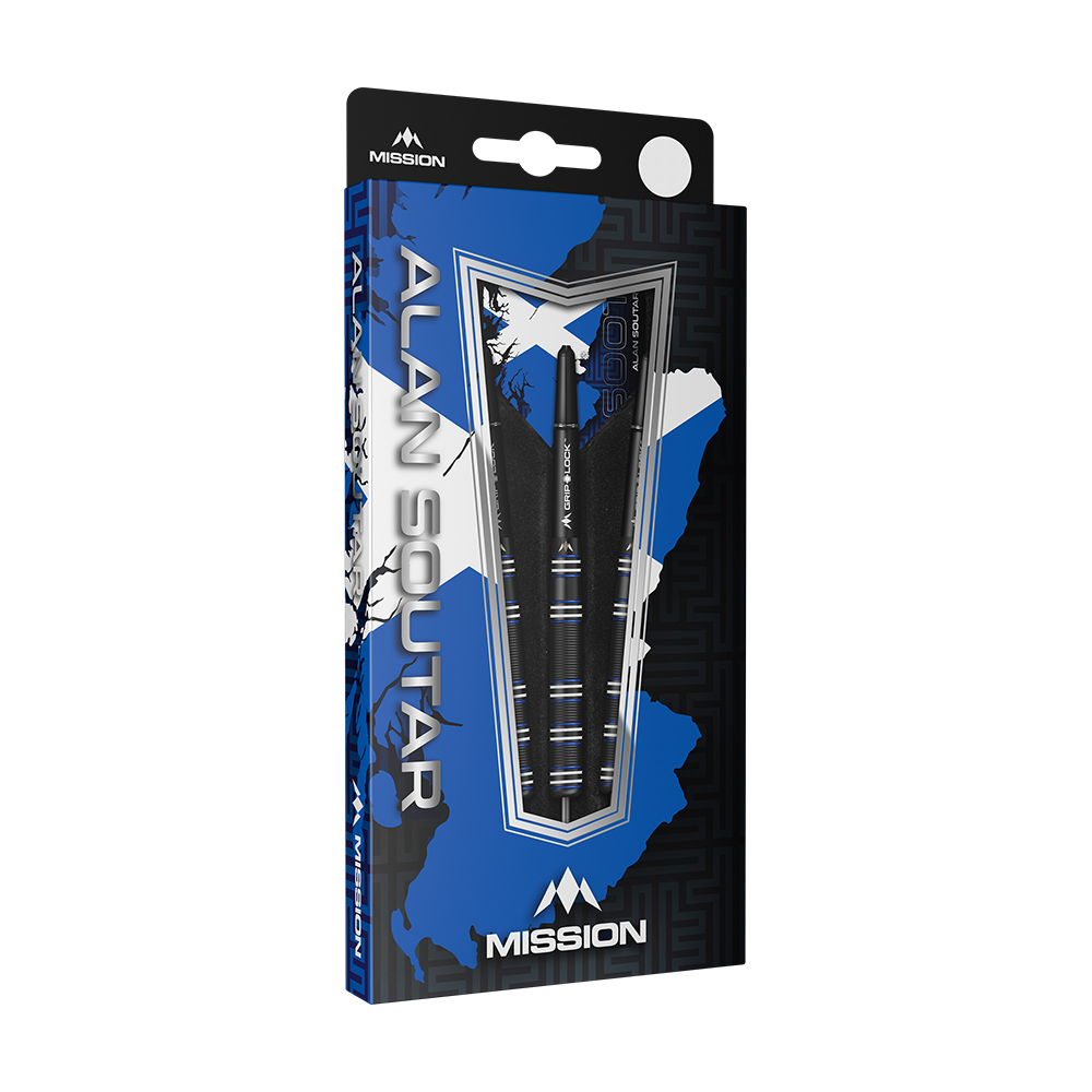 M001355_Mission_Alan_Soutar_Black_Titanium_Steeldarts_3 Die Abbildung zeigt die "Mission Alan Soutar Black Titanium Steeldarts - 24g" in ihrer Verpackung. Die Verpackung ist überwiegend blau und schwarz gestaltet und zeigt die drei enthaltenen Darts.