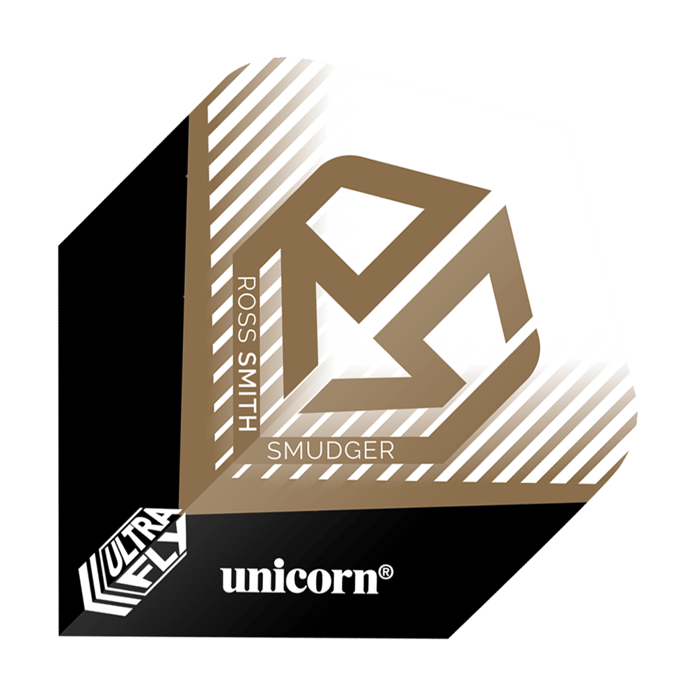 Unicorn Ultrafly 100 Ross Smith Plus Flights Das Bild zeigt ein Dartflight mit dem Namen "Unicorn Ultrafly 100 Ross Smith Plus Flights". Es ist in Schwarz, Weiß und Gold gestaltet und trägt den Namen "Ross Smith" sowie das Logo "Unicorn".