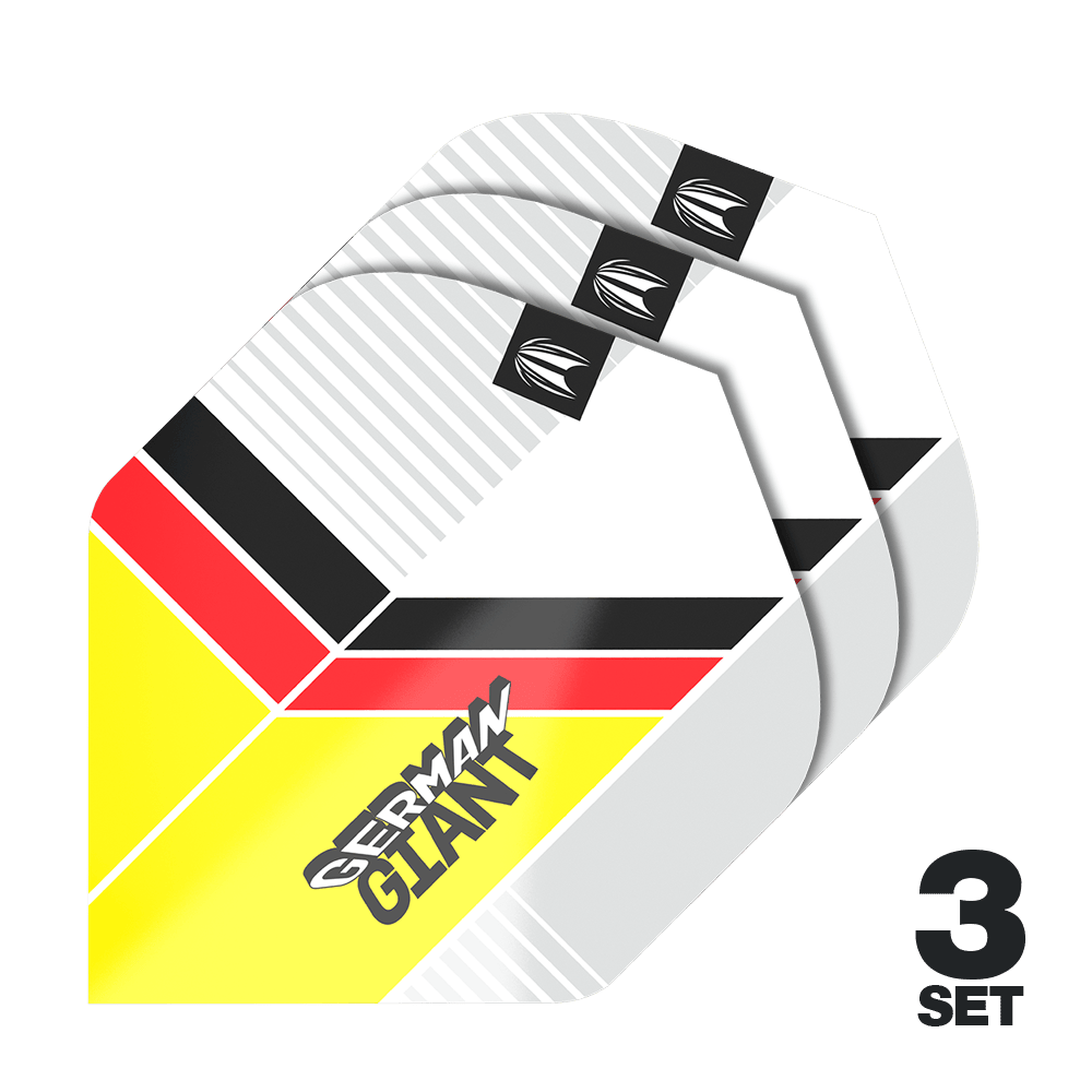 Target Pro Ultra Gabriel Clemens No2 Standard Flights - 3 Sets Das Bild zeigt drei Sätze der "Target Pro Ultra Gabriel Clemens No2 Standard Flights". Die Flights sind im Design der deutschen Flagge gehalten und tragen den Schriftzug "German Giant".