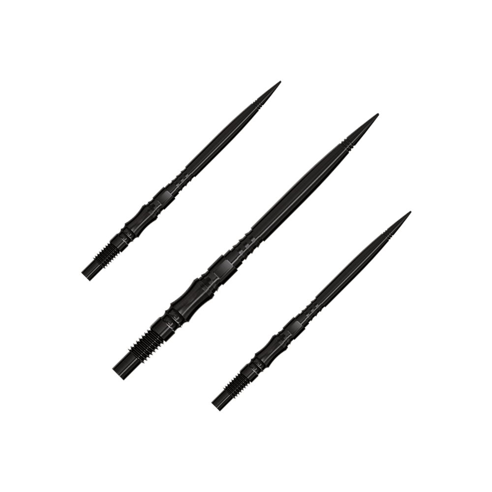 Axis Black Elite Series Dartspitzen in 35mm werden gezeigt. Die Spitzen sind schwarz und filigran.