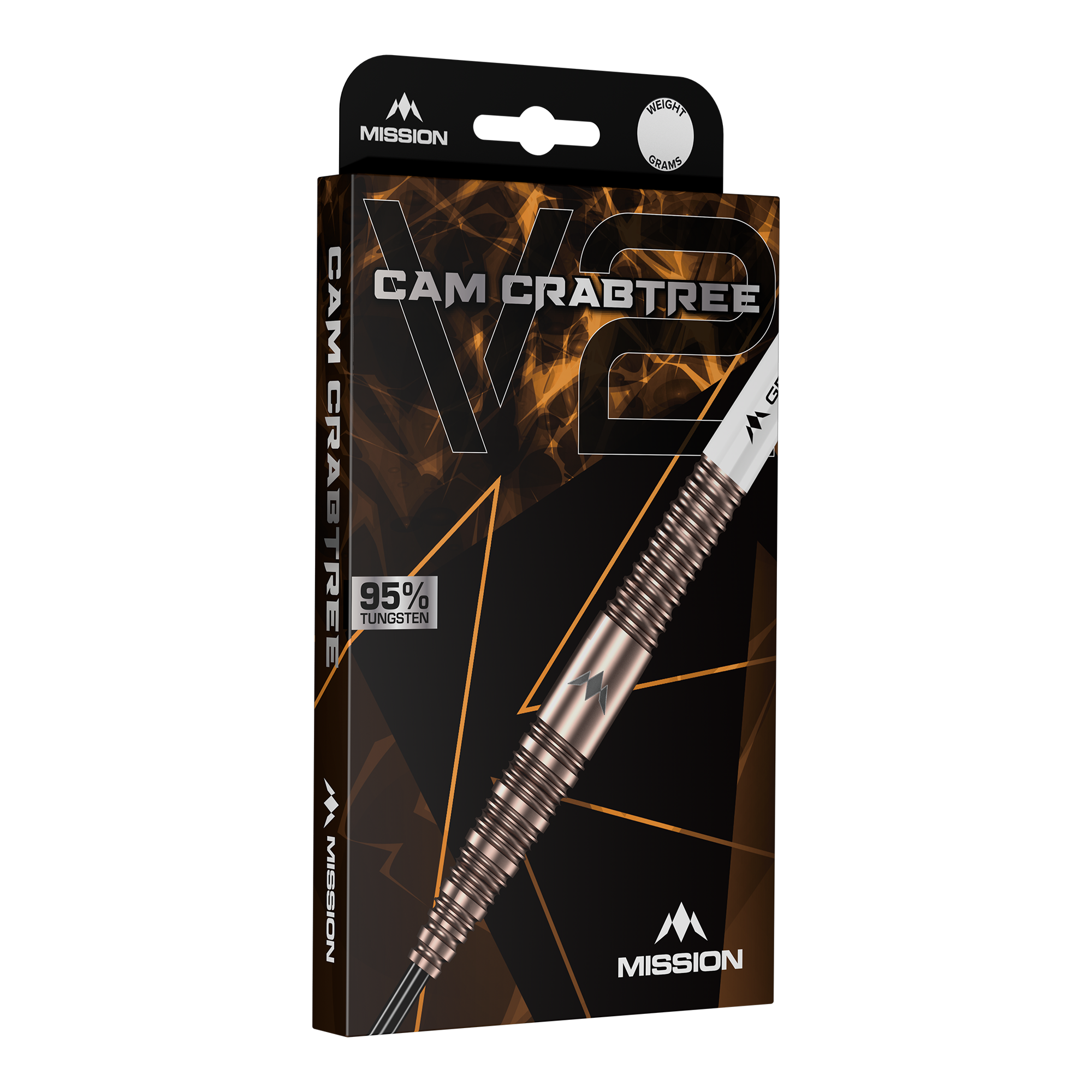 Das Bild zeigt die Mission Cam Crabtree V2 95% Tungsten Steeldarts. Diese Darts zeichnen sich durch ihr professionelles Design und hohe Qualität aus.