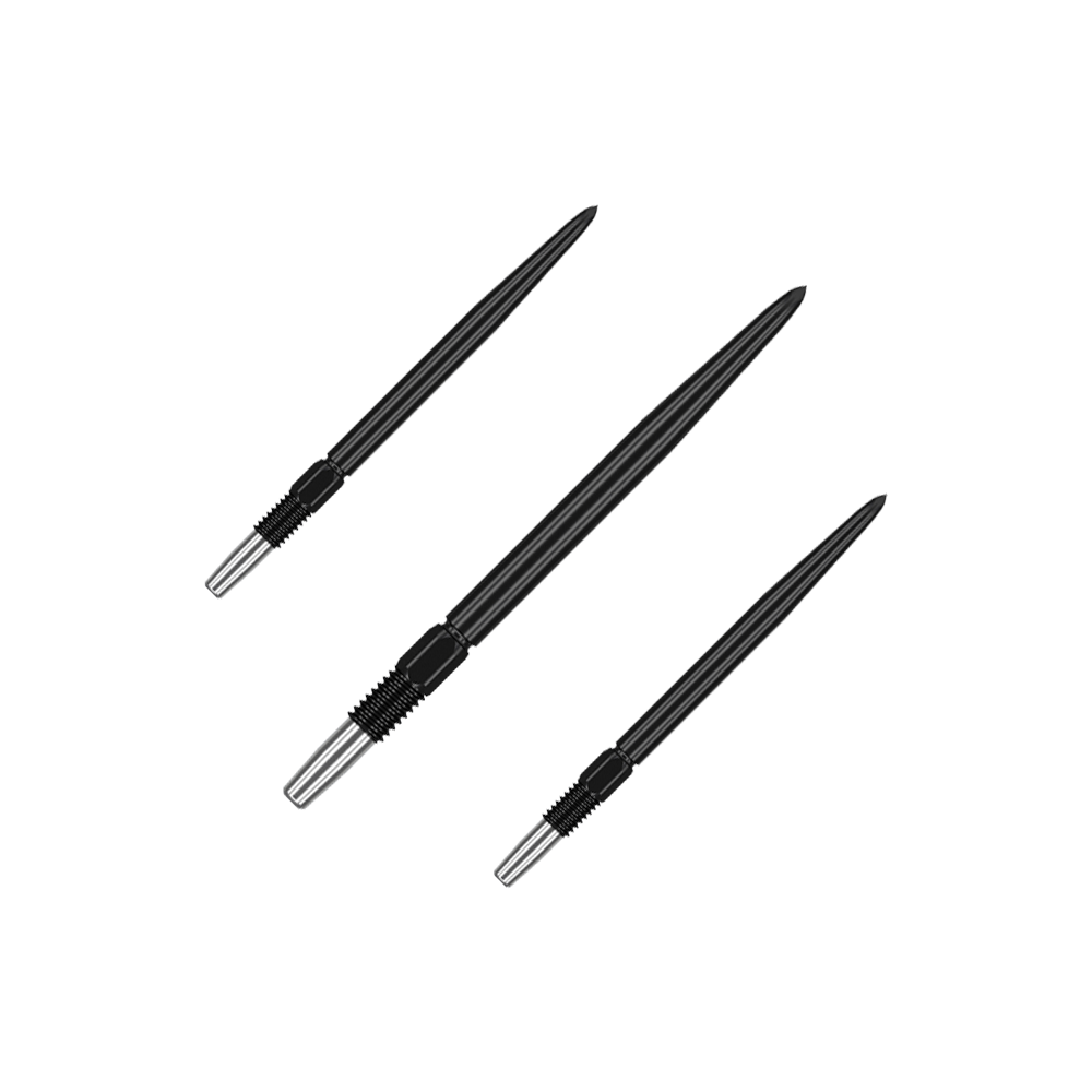 Końcówki do lotek Target Swiss Point Black Schwarze Dartspitzen mit matter Fläche werden als Set präsentiert. Mehrere Spitzen sind nebeneinander gruppiert.
