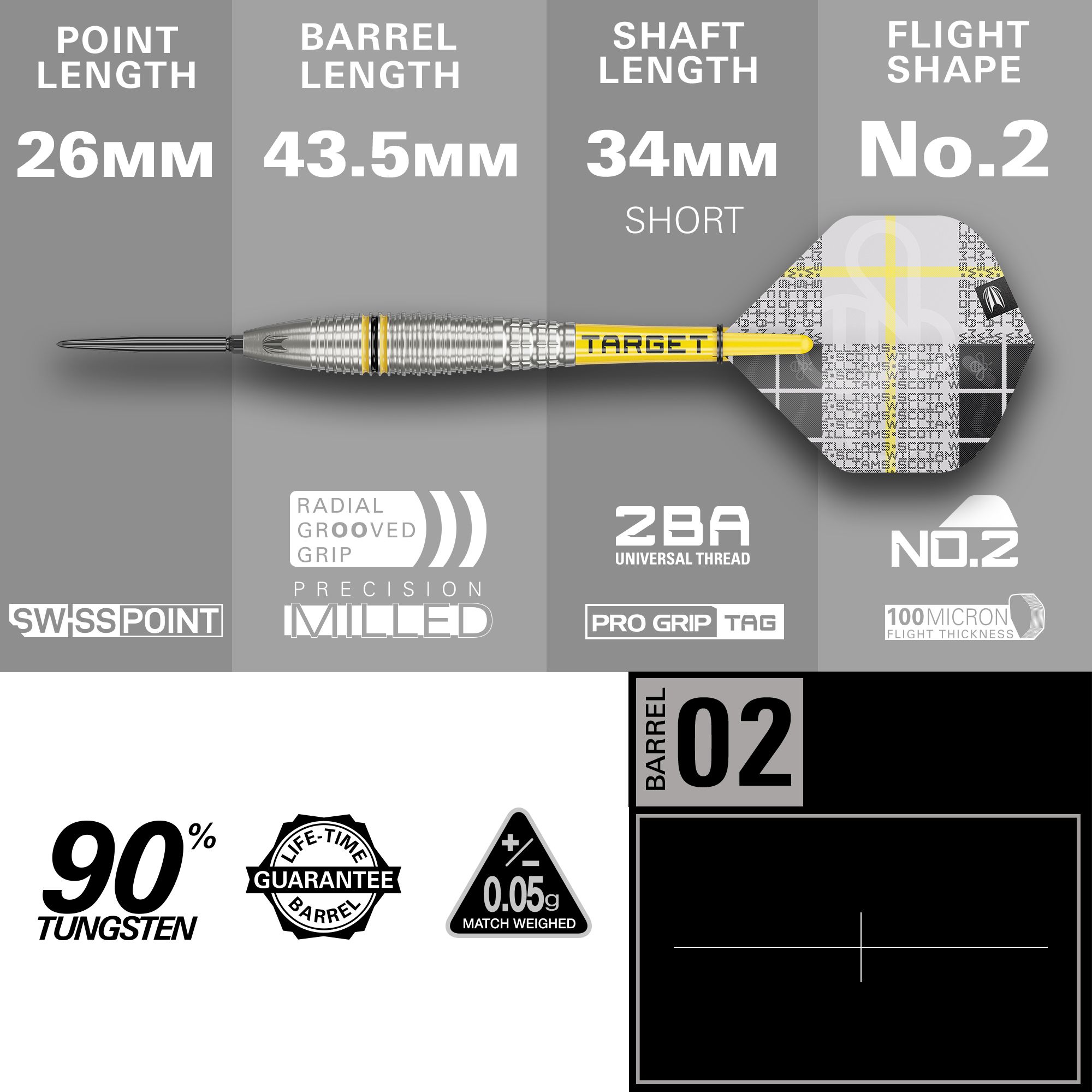Target Scott Williams GEN2 Swiss Point Steeldarts Das Bild zeigt den Target Scott Williams GEN2 Swiss Point Steeldart mit technischen Angaben zu den einzelnen Komponenten. Die wichtigsten Merkmale sind 26 mm Spitzenlänge, 43,5 mm Barrel-Länge, 34 mm Schaftlänge und 90 % Tungsten-Anteil.
