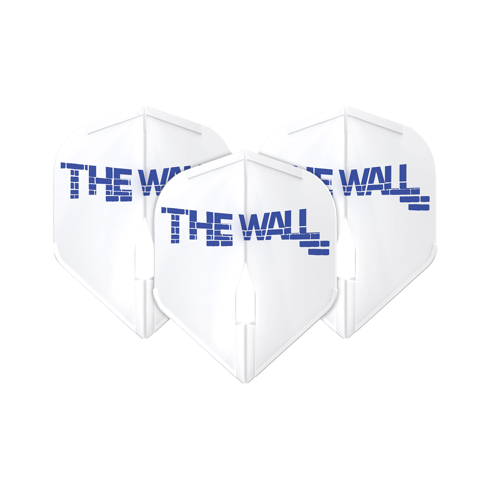 Loty Martin Schindler White L1PRO w stylu L Das Bild zeigt drei weiße Dartflights mit der Aufschrift "THE WALL" in blauer Schrift. Die Flights sind das Modell "L-Style Martin Schindler Weiß L1PRO".