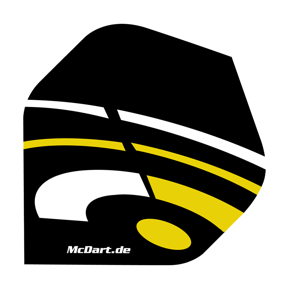 Standardowe loty McDart ID – żółte Das Bild zeigt ein McDart ID Standard Flight in den Farben Schwarz, Gelb und Weiß. Auf dem Flight ist auch die Webseite "McDart.de" aufgedruckt.