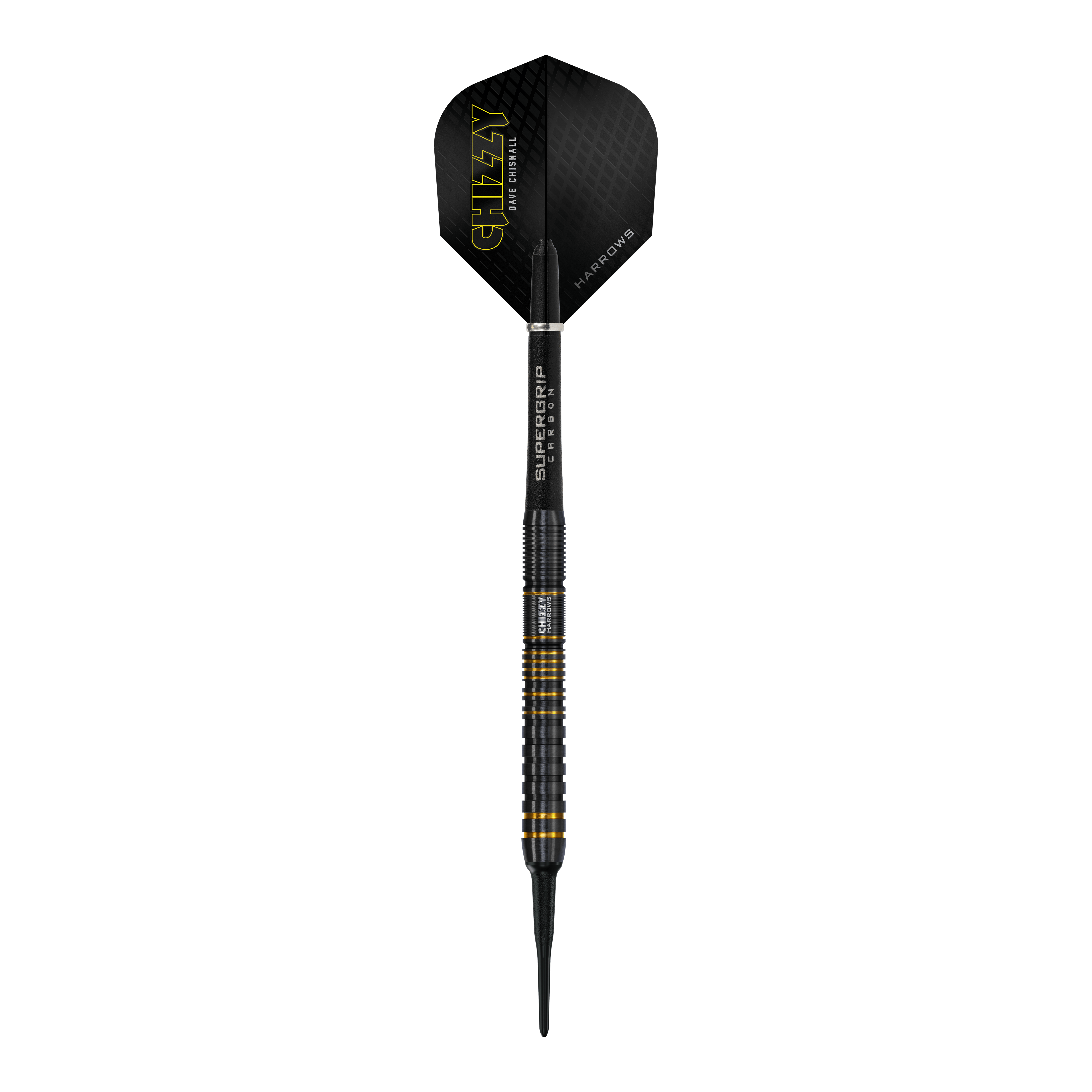 Miękkie lotki Harrow's Dave Chisnall Chizzy Series 3 Dieses Bild zeigt einen Harrows Dave Chisnall Chizzy Series 3 Softdart. Der Dartpfeil ist schwarz mit gelben Akzenten und trägt den Schriftzug "CHIZZY" auf dem Flight.