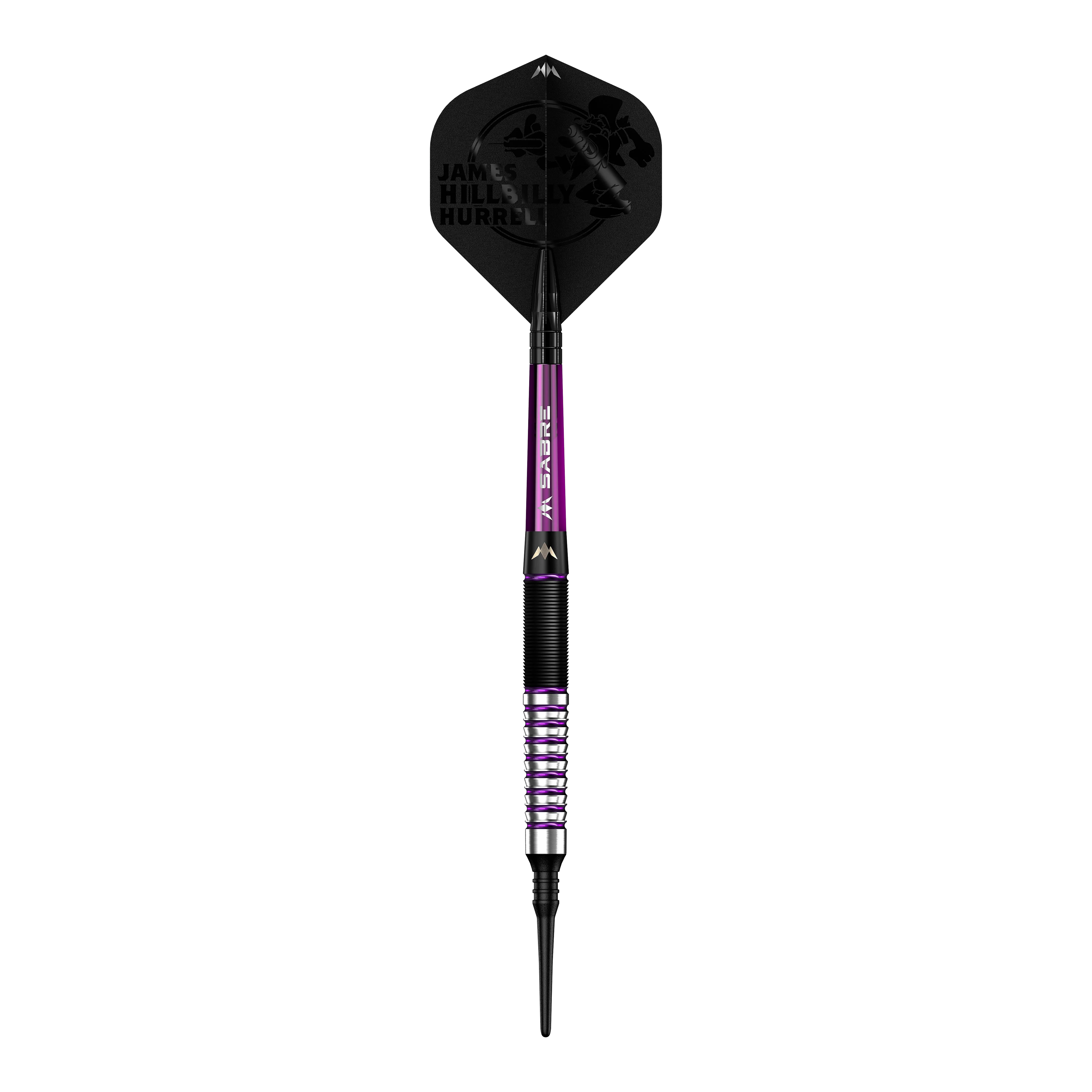 Das Bild zeigt einen Softdart namens "Mission James Hurrell Hillbilly Black Purple" mit einem Gewicht von 18g. Der Dart ist überwiegend schwarz und lila gefärbt und trägt den Namen des Spielers auf der Flights.