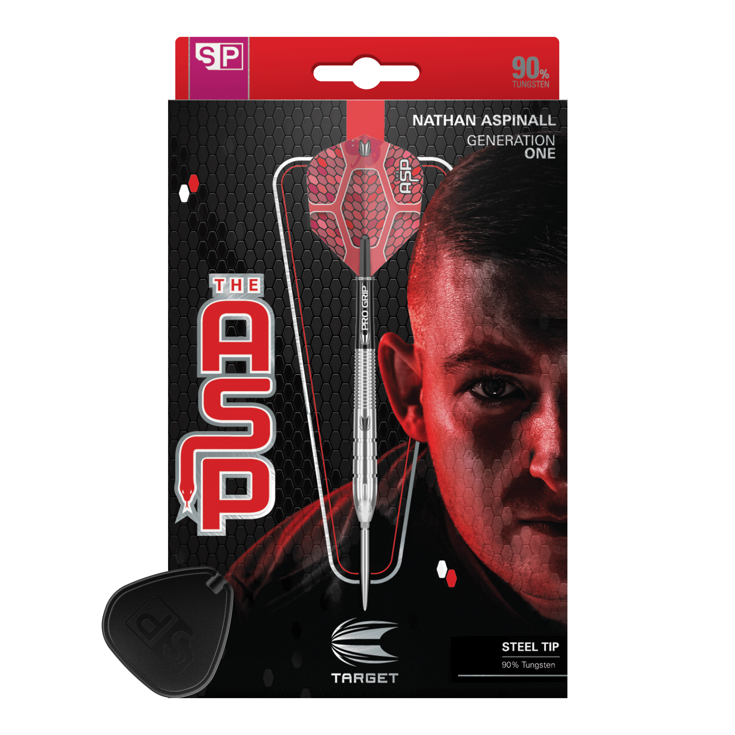 Stalowe lotki Target Nathan Aspinall GEN1 Swiss Point Das Bild zeigt die Verpackung der "Target Nathan Aspinall GEN1 Swiss Point Steeldarts". Auf der Verpackung ist ein Steeldart sowie das Porträt eines Mannes abgebildet.