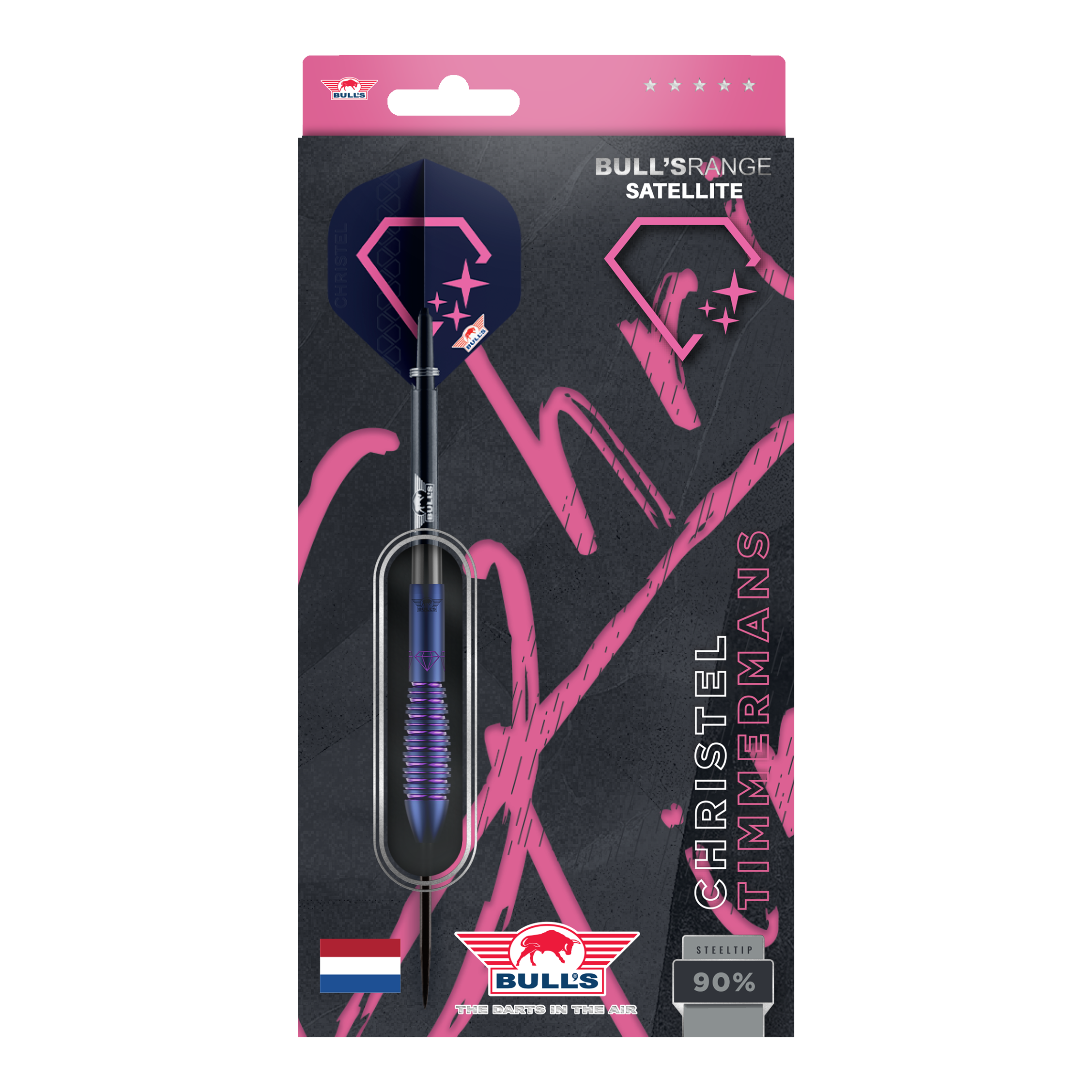 Bulls NL Christel Timmermans Satellite 90 stalowych rzutek 25g Die Bulls NL Christel Timmermans Satellite 90 Steeldarts 25g sind auf dem Bild abgebildet. Es handelt sich um hochwertige Steeldarts für Präzision und Leistung.