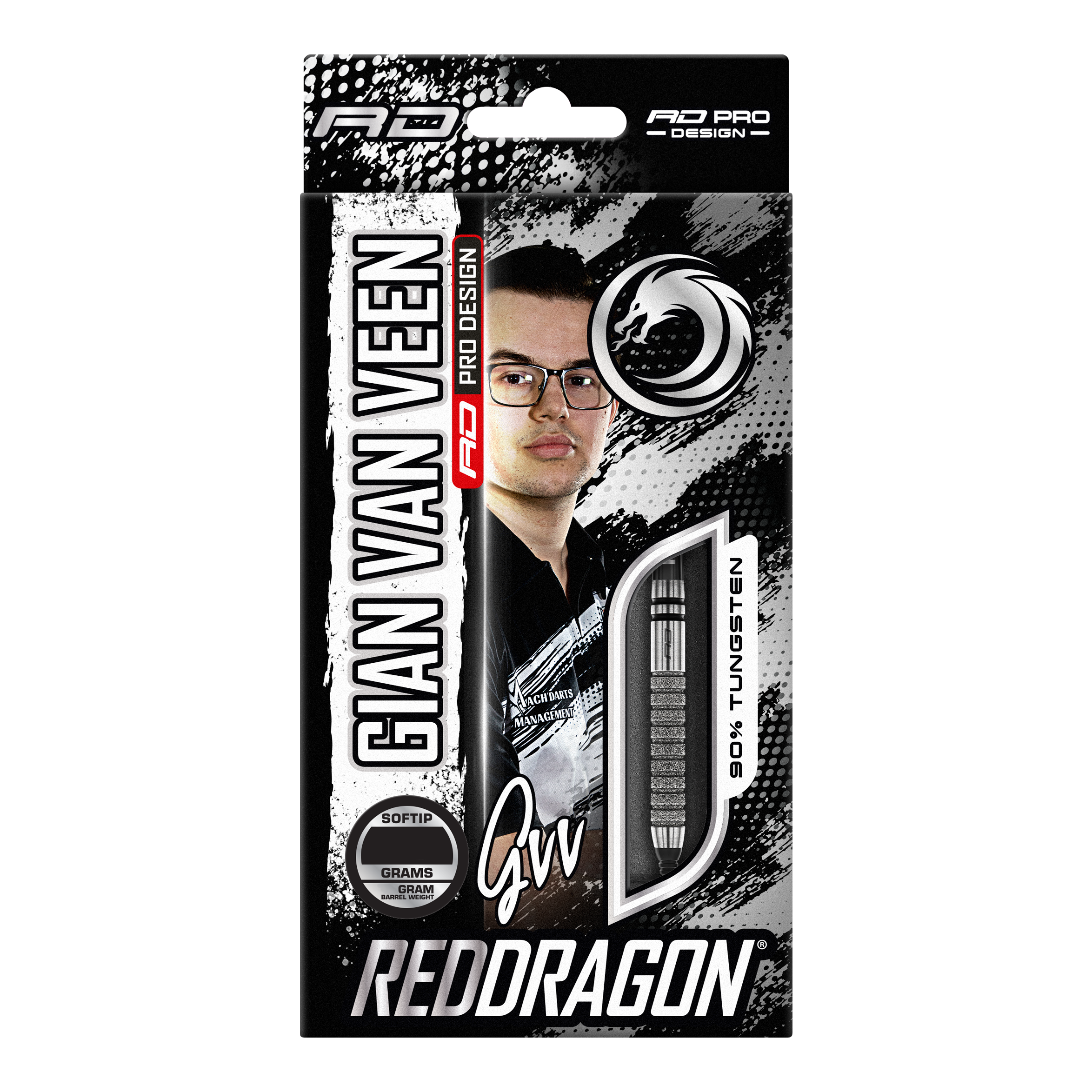 Softdarts Red Dragon Gian Van Veen Tour Edition - 20g Auf dem Bild ist die Verpackung der "Red Dragon Gian Van Veen Tour Edition Softdarts - 20g" zu sehen. Die Packung zeigt ein Porträt von Gian Van Veen und ein Sichtfenster mit einem Dartpfeil.