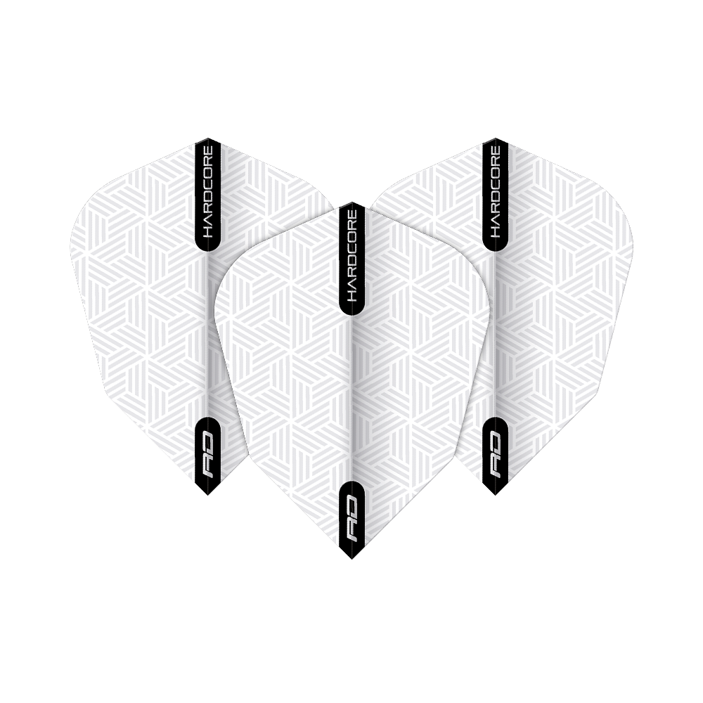 TF6848_Red_Dragon_White_V-Standard_Flights_1jqerqLFNEYyav Das Bild zeigt drei weiße Red Dragon V-Standard Flights mit geometrischem Muster. Auf jedem Flight steht "HARDCORE" und "RD" in schwarzen Streifen.