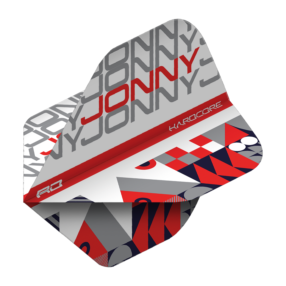 TF6663_Red_Dragon_Hardcore_Jonny_WhiteRed_Standard_Flights_2L1oMNfYKYOfAV Das Bild zeigt ein Dartflight mit dem Aufdruck "JONNY" in grauen und roten Buchstaben. Das Design ist modern und besteht aus weißen, grauen, roten und dunkelblauen geometrischen Mustern.