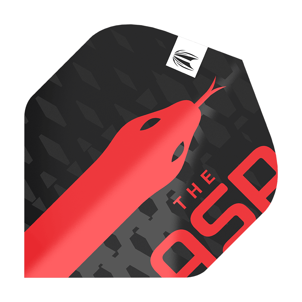Lotki Target Pro Ultra Nathan Aspinall No2 Standard – 3 zestawy Das Bild zeigt ein Dartflight-Design mit einem roten Schlangenmotiv auf schwarzem Hintergrund. In einer Ecke steht der Text "THE ASP" in roten Buchstaben.