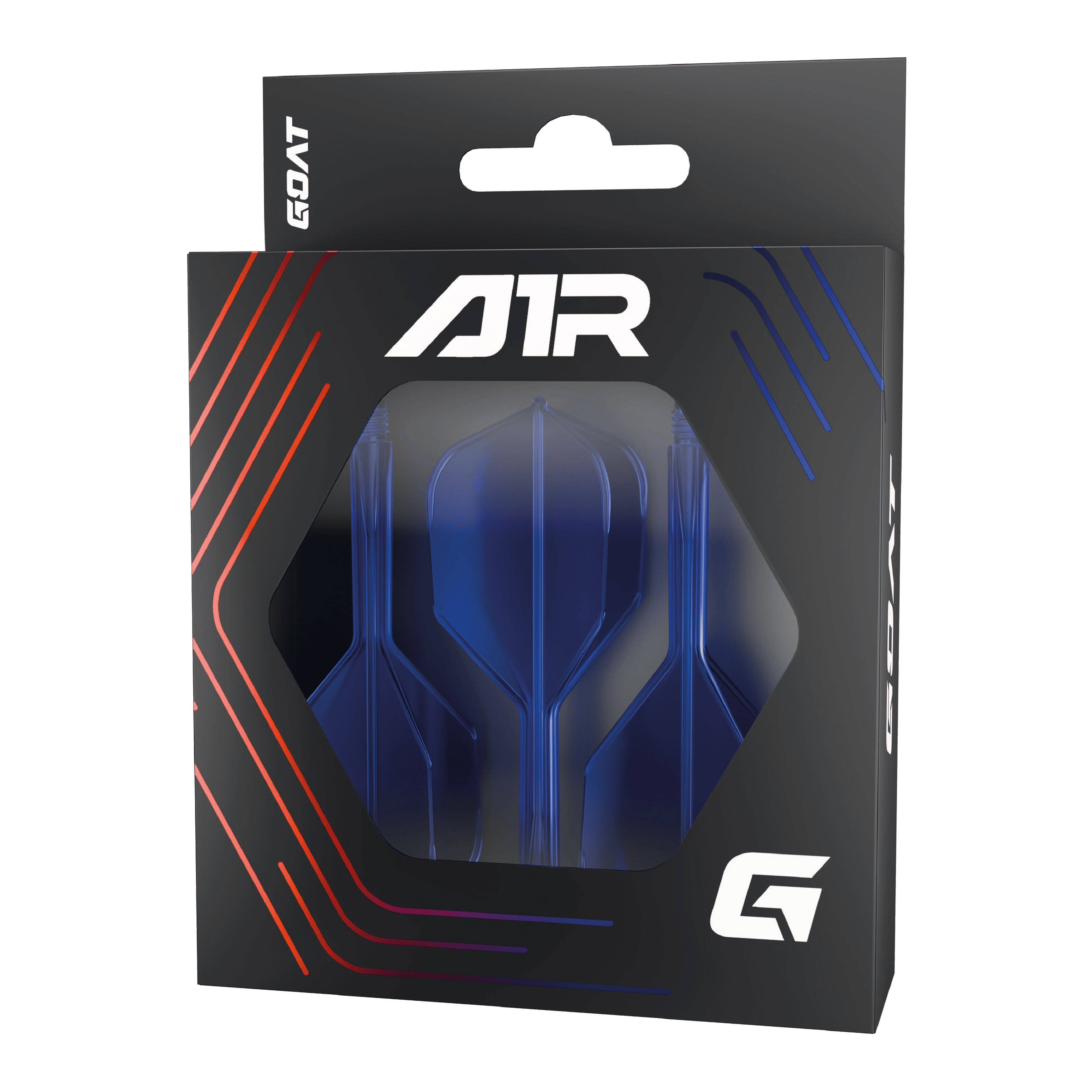 System wału lotniczego GOAT A1R No6 - niebieski Die Abbildung zeigt das Produkt "GOAT A1R No6 Flight-Shaft-System - Blau" in seiner Verpackung. Im Inneren sind blaue Dart-Flights und -Schäfte sichtbar.