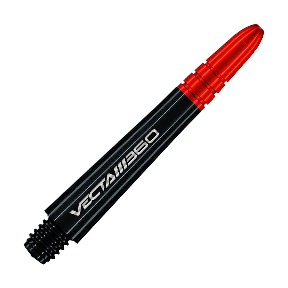 Das Bild zeigt Winmau Vecta Blade360 Shafts in Schwarz mit einer Länge von 40 mm. Die Shafts werden aus einer anderen Perspektive präsentiert.