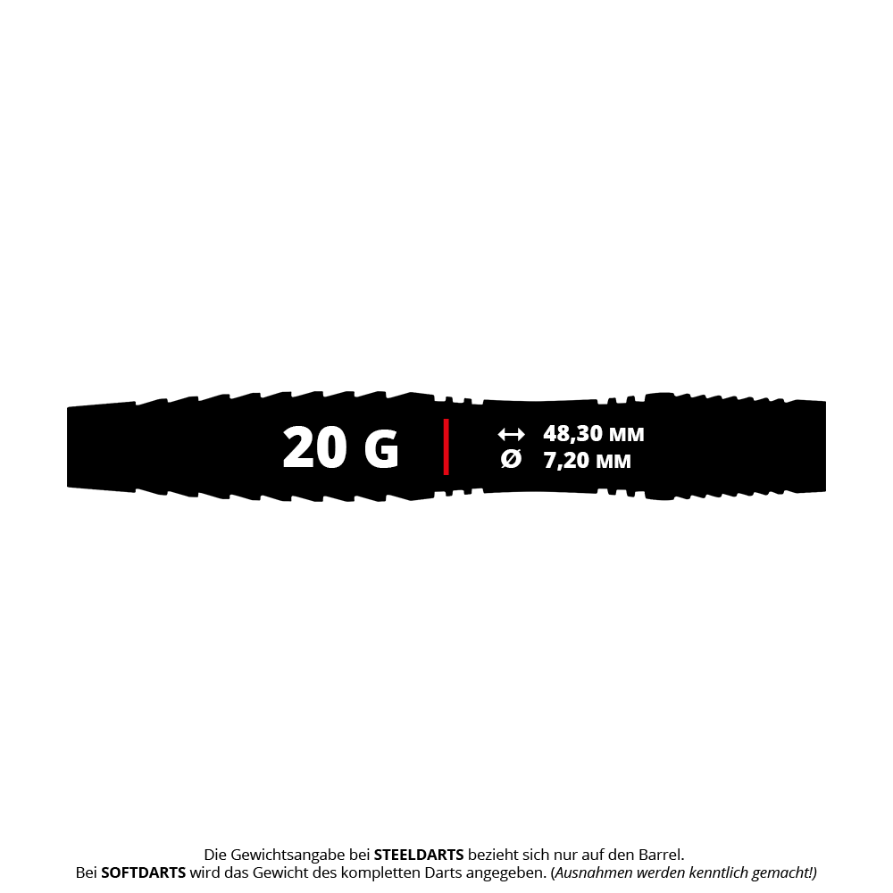 Red Dragon Seren 3 Pure Softdarts - 20g Das Bild zeigt den Red Dragon Seren 3 Pure Softdart mit einem Gewicht von 20 Gramm. Die Länge beträgt 48,30 mm und der Durchmesser 7,20 mm.