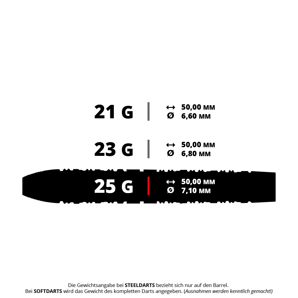 Stalowe lotki Harrow's Damon Heta Series 3 Das Bild zeigt drei verschiedene Gewichtsoptionen für Steeldarts: 21 g, 23 g und 25 g, jeweils mit einer Länge von 50,00 mm. Der Durchmesser variiert zwischen 6,60 mm, 6,80 mm und 7,10 mm.