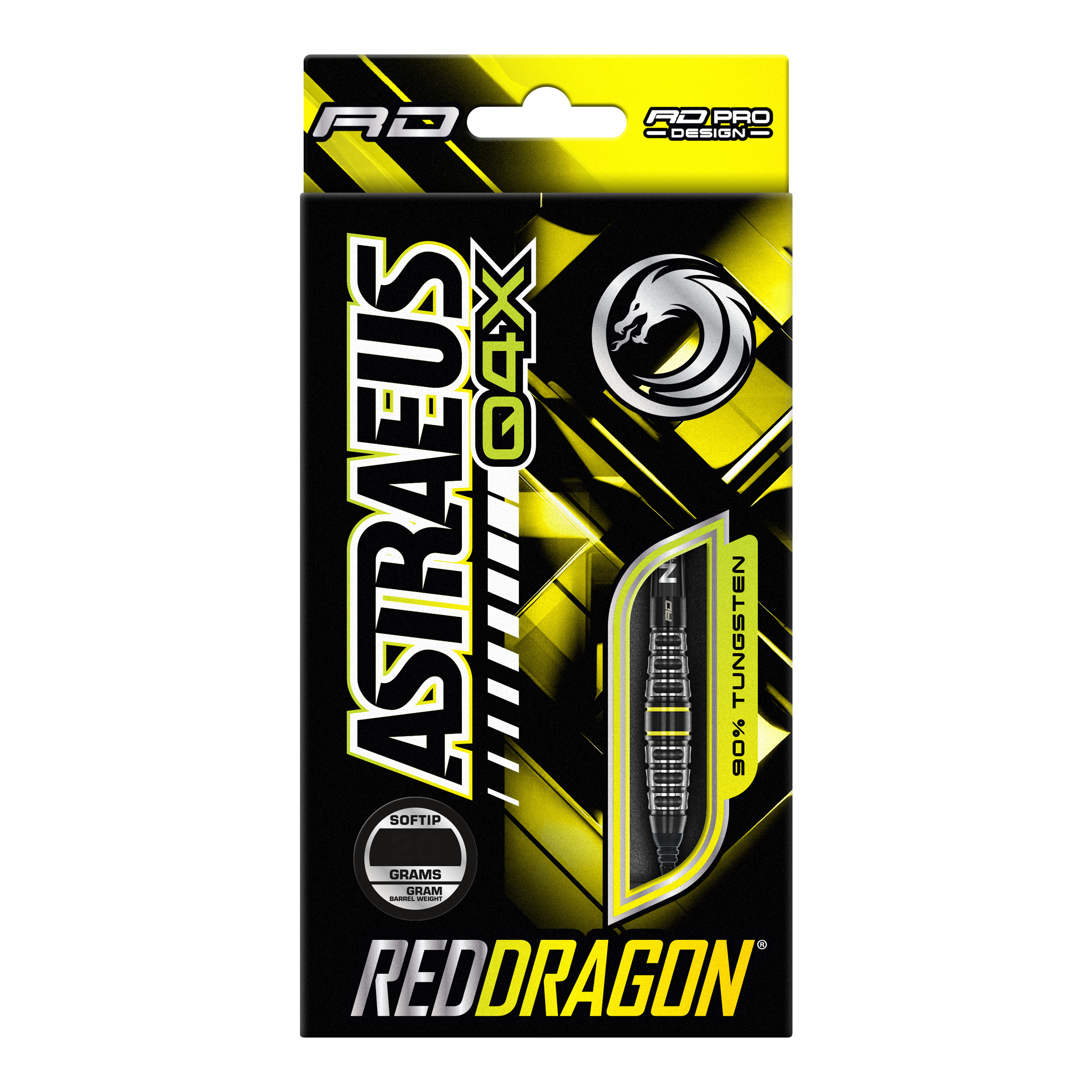 Czerwone strzałki Astraeus Q4X Torpedo Soft Darts - 20g Die Verpackung zeigt die "Red Dragon Astraeus Q4X Torpedo Softdarts" mit einem Gewicht von 20g. Das Design ist in Schwarz und Gelb gehalten und hebt hervor, dass die Darts aus 90% Tungsten bestehen.
