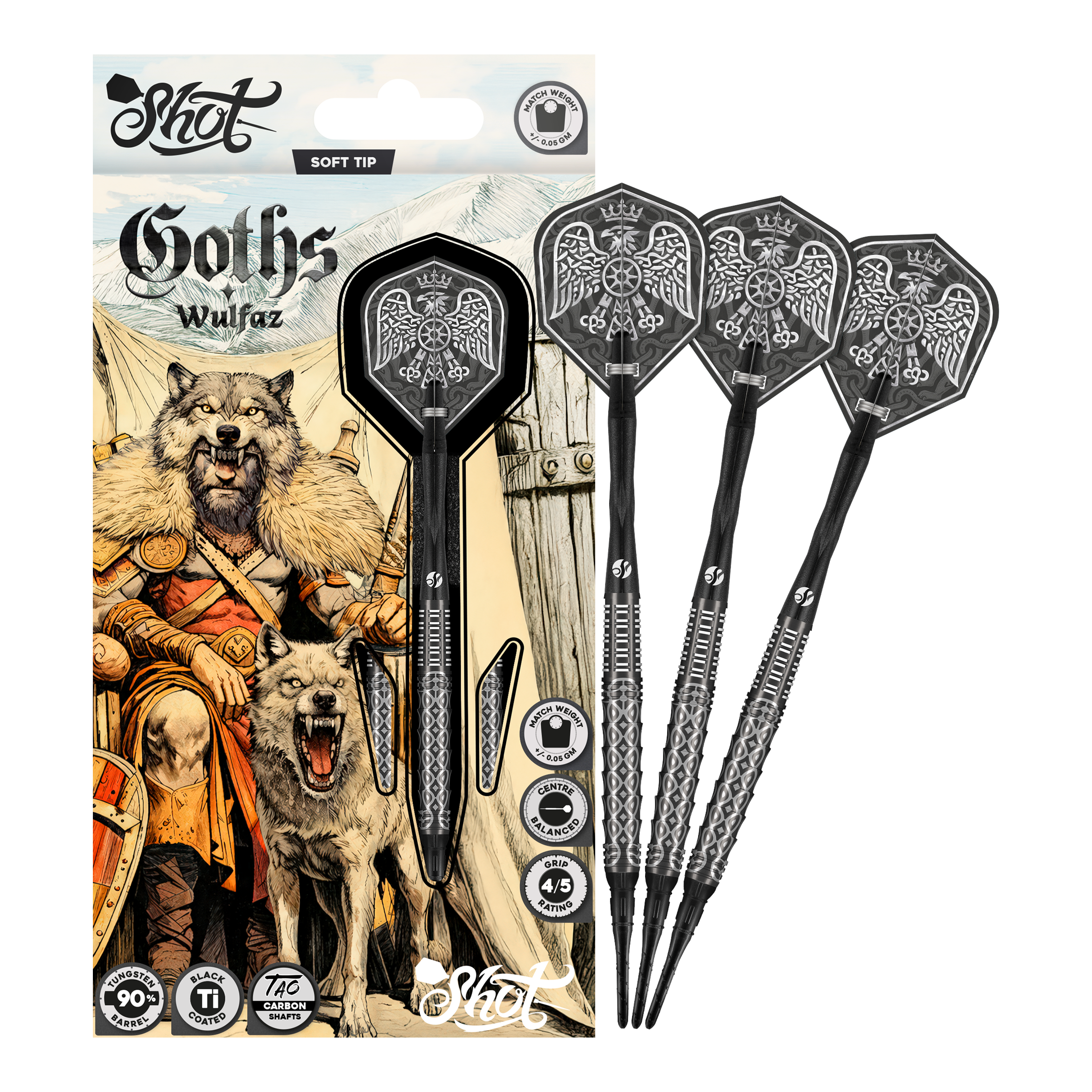 Miękkie lotki Shot Goths Wulfaz - 20g Abgebildet sind die Shot Goths Wulfaz Softdarts - 20g in einer Gesamtansicht. Sie sind perfekt für Softdartspieler geeignet.