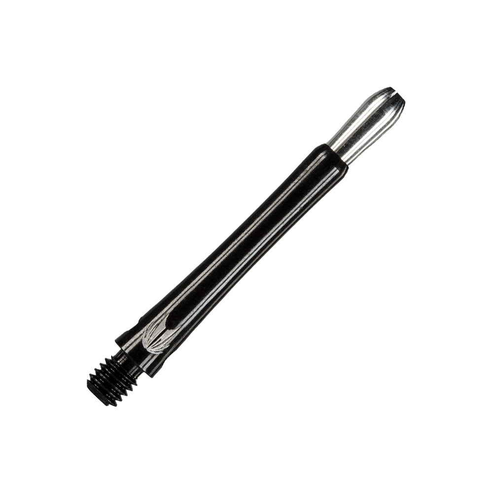 146220_Target_Grip_Style_Aluminium_Shafts_Schwarz_408mm_2 Das Bild zeigt einen schwarzen Aluminium-Dartshaft mit Gewinde. Er ist schmal und hat ein glänzendes Finish.