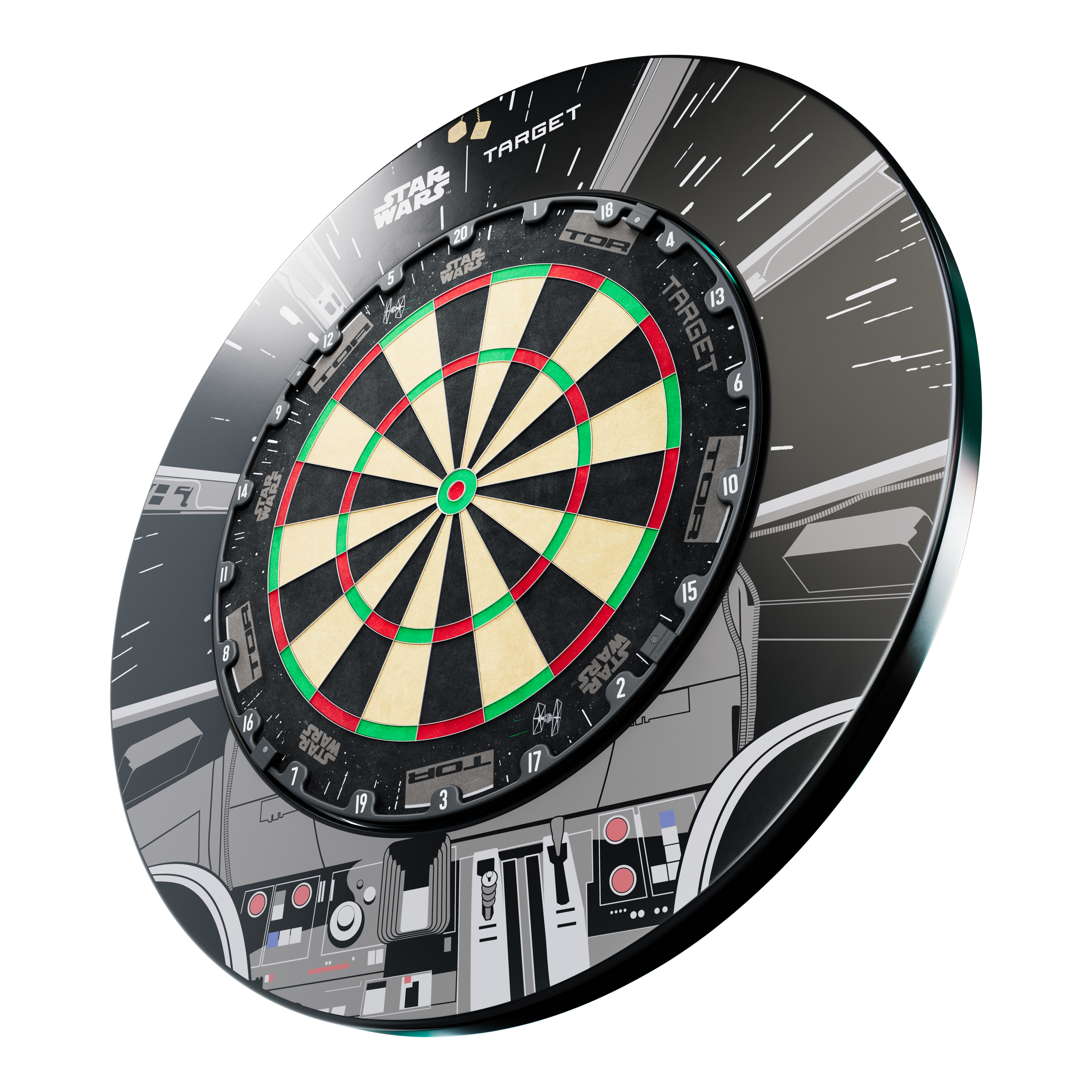 Zestaw tarczy do darta Target Star Wars Millennium Falcon TOR Abgebildet ist das Target Star Wars Millennium Falcon Surround Board Bundle. Dieses Bundle bietet Zubehör für Dartboards im Star Wars Design.