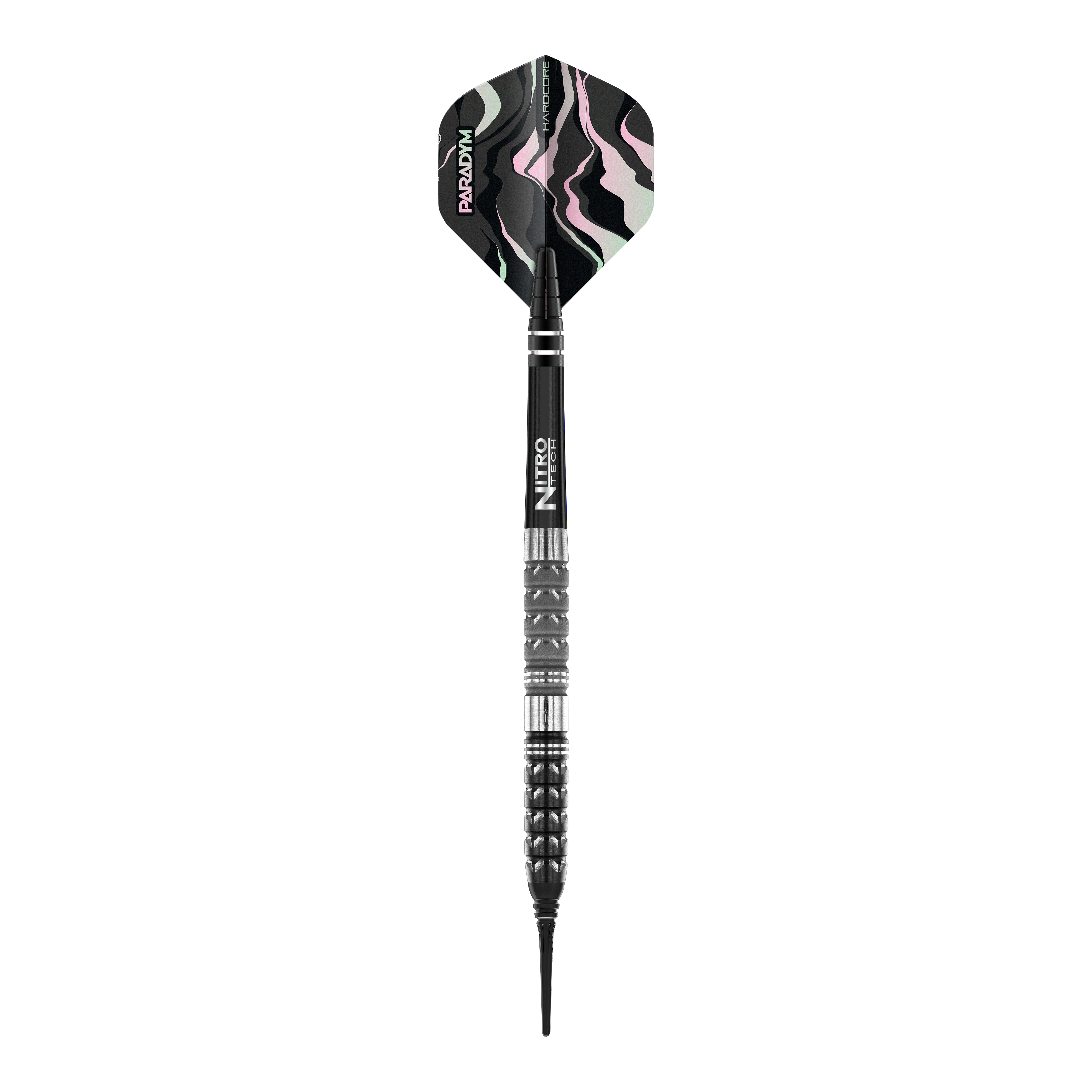 Red Dragon Paradym Tapered Soft Darts - 20g Das Bild zeigt einen Red Dragon Paradym Tapered Softdart mit 20g Gewicht. Der Dart hat ein modernes, schwarzes Design mit Details in Silber und einem gemusterten Flight.