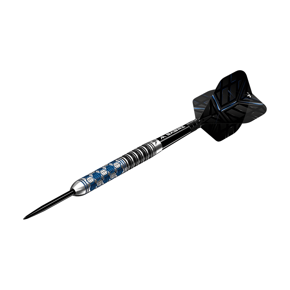 M001310_Mission_Hexon_Steeldarts_4 Das Bild zeigt einen Mission Hexon Steeldart mit einem Gewicht von 23g. Der Dart hat ein modernes Design mit einem schwarz-blauen Flug und einem silbernen Schaft mit blauen Akzenten.