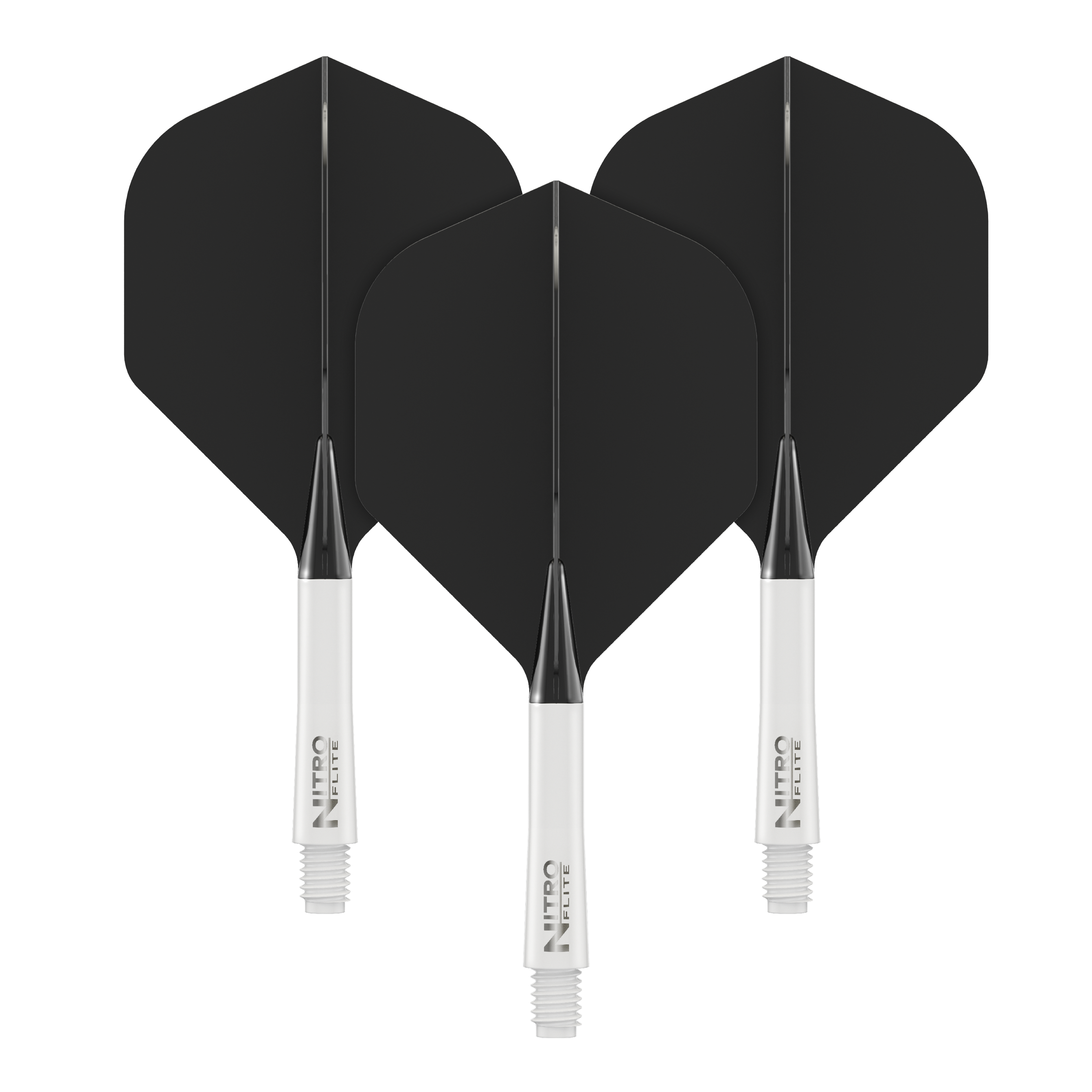 Auf dem Bild sind drei schwarze Dartflights mit weißen Shafts zu sehen. Sie stehen nebeneinander und zeigen das gleiche Design.