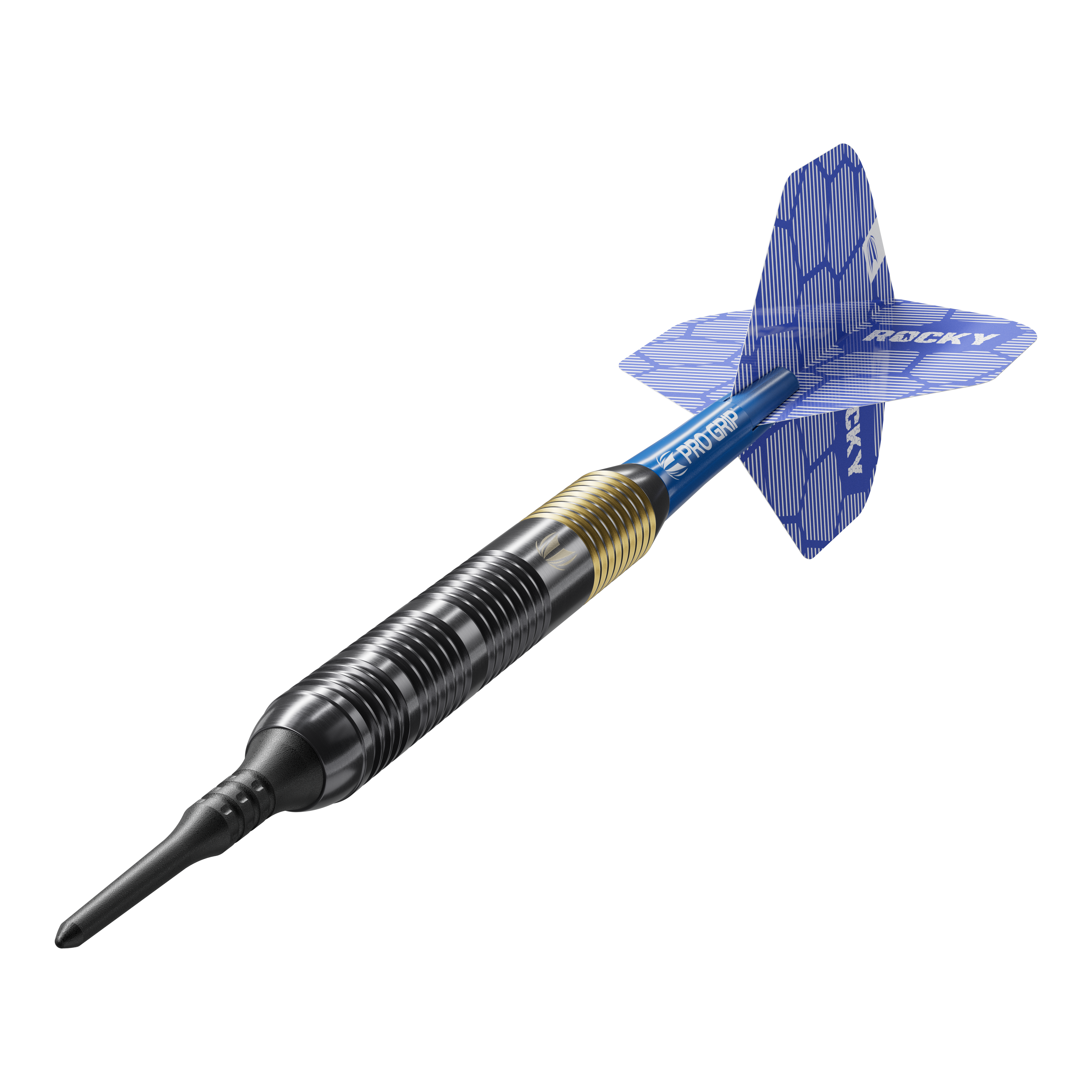 Target Josh Rock Brass Soft Darts - 18g Das Bild zeigt einen Target Josh Rock Brass Softdart mit einem Gewicht von 18 Gramm. Der Dart hat eine messingfarbene und schwarze Spitze sowie blaue Flights mit einem Muster.