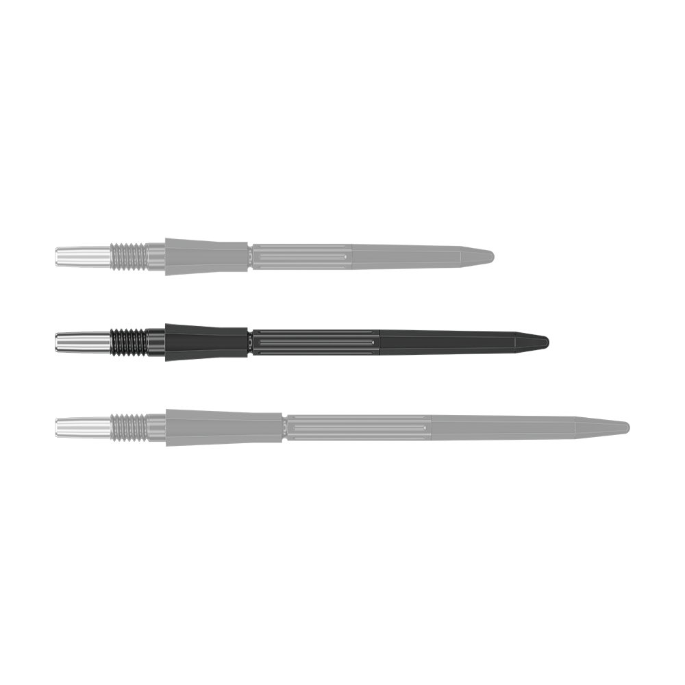 Ein schwarzer Dartspitzenaufsatz ist auf dem Bild zu sehen. Die Spitze ist 35 mm lang.