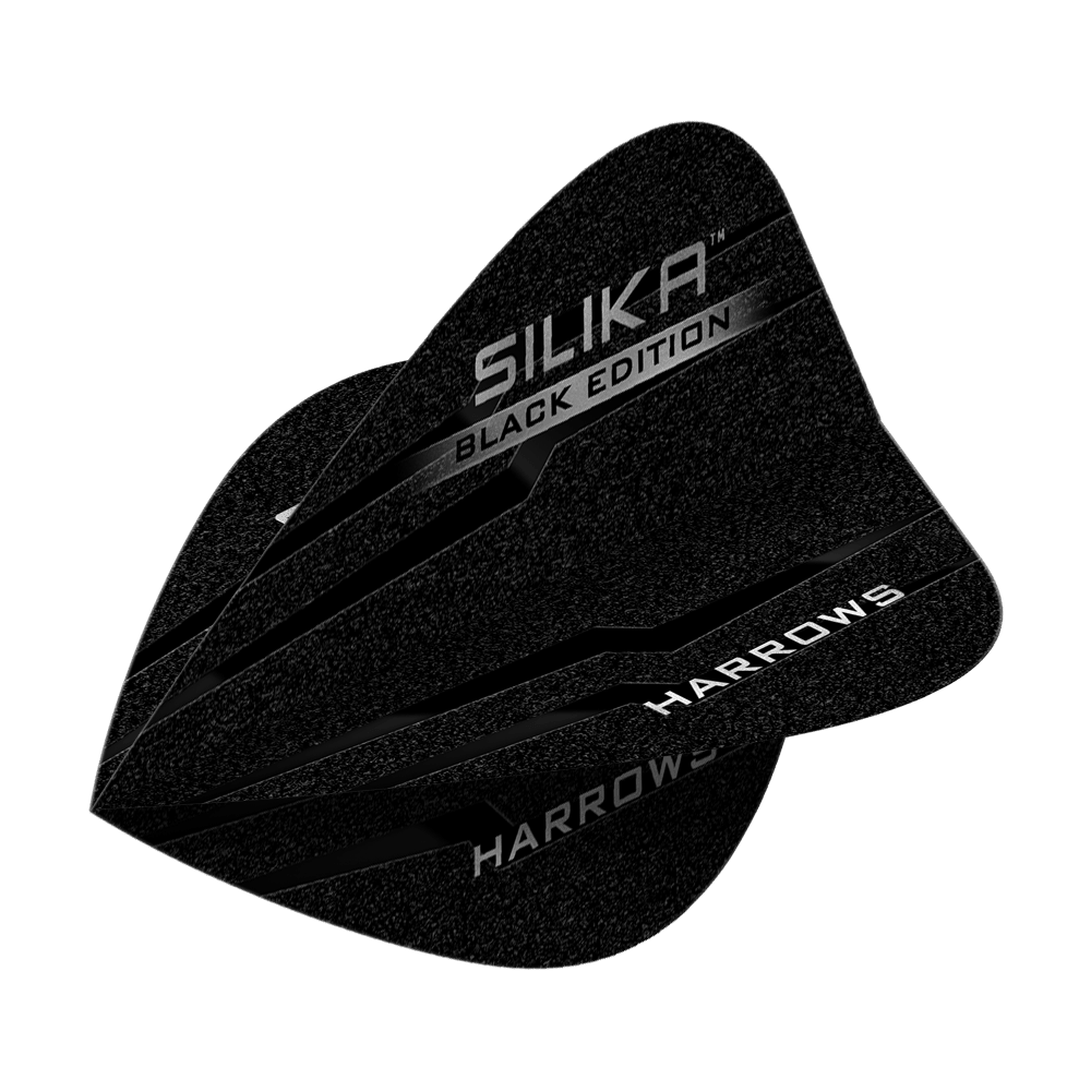 Lotki latawcowe Harrows Silika Black Edition Das Bild zeigt die Harrows Silika Black-Edition Kite Flights. Die Flights sind schwarz mit silberner Schrift und haben ein modernes Design.