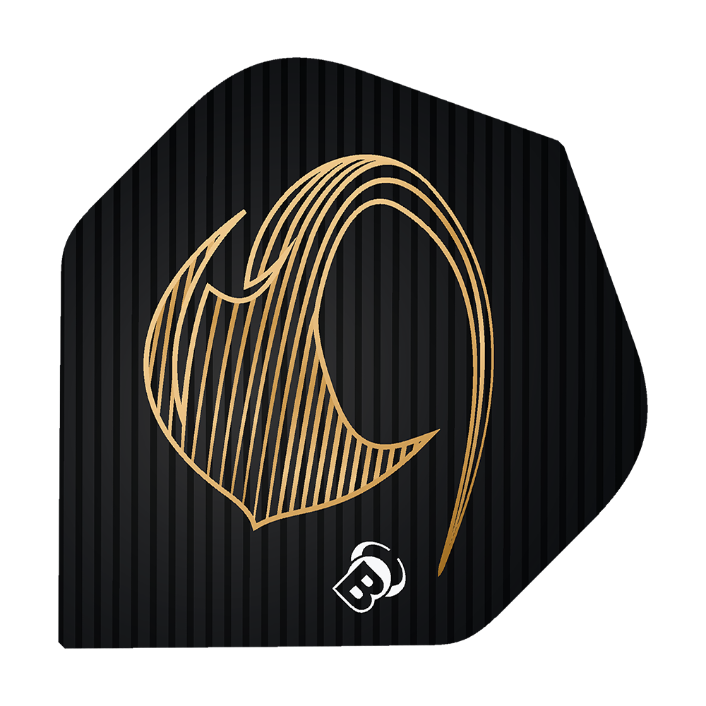 Bulls Metrixx Stingray No2 Standard Flights Das Bild zeigt ein schwarzes Dart Flight mit einem goldenen, stilisierten Stingray-Design. Unten ist ein kleines weißes "B" Logo abgebildet.