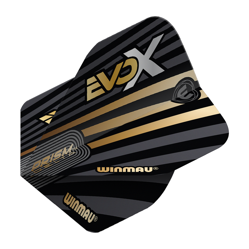Winmau Prism Delta MvG Evo-X No2 Standard Flights Das Bild zeigt die Winmau Prism Delta MvG Evo-X No2 Standard Flights. Die Flights sind schwarz-gold gestaltet und mit den Aufschriften "EVO X", "WINMAU" und "PRISM DELTA" versehen.