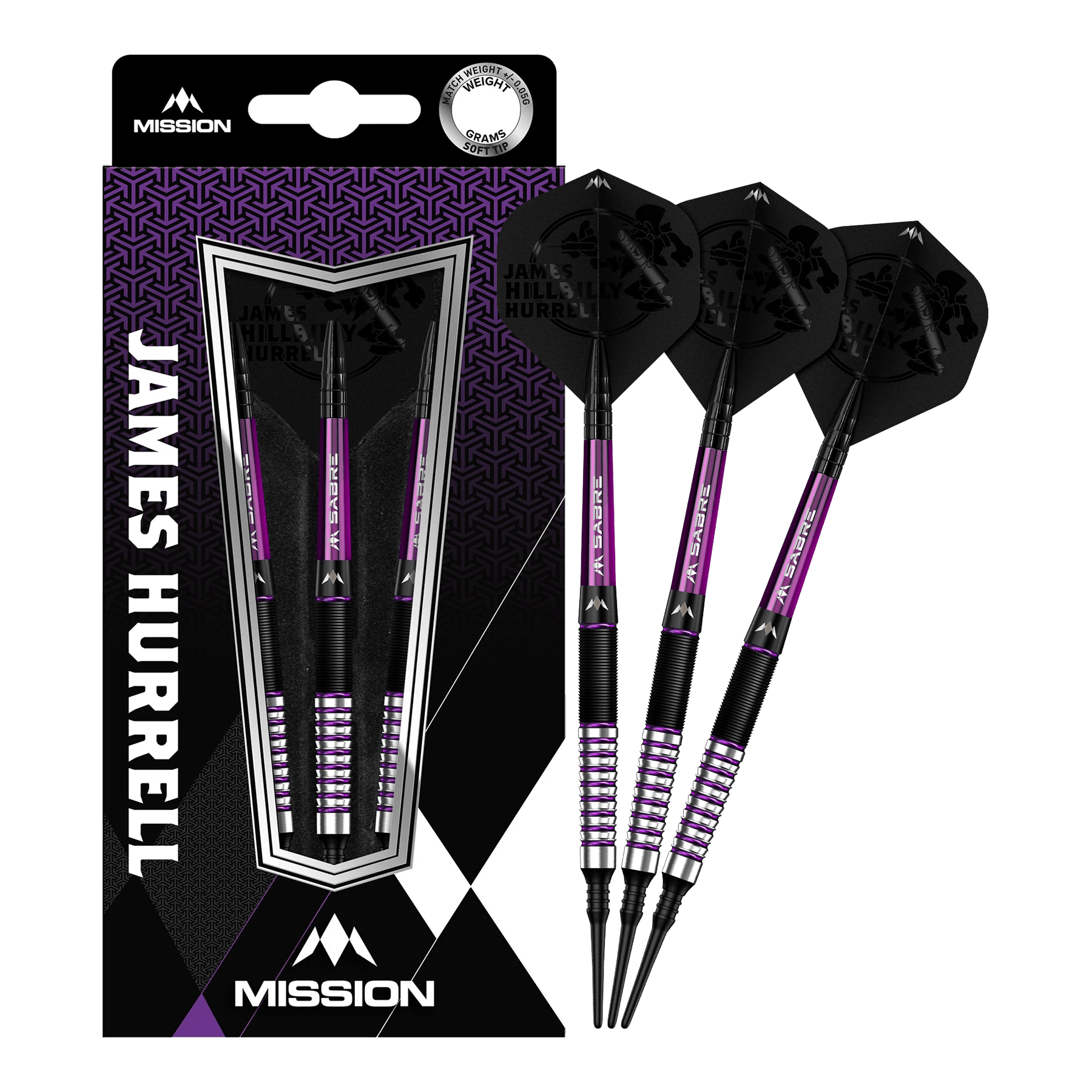 Das Bild zeigt die Produktverpackung und drei Softdarts des Modells "Mission James Hurrell Hillbilly Black Purple" mit 18g Gewicht. Die Darts sind schwarz und lila gehalten und tragen den Namen "James Hurrell" auf der Verpackung.