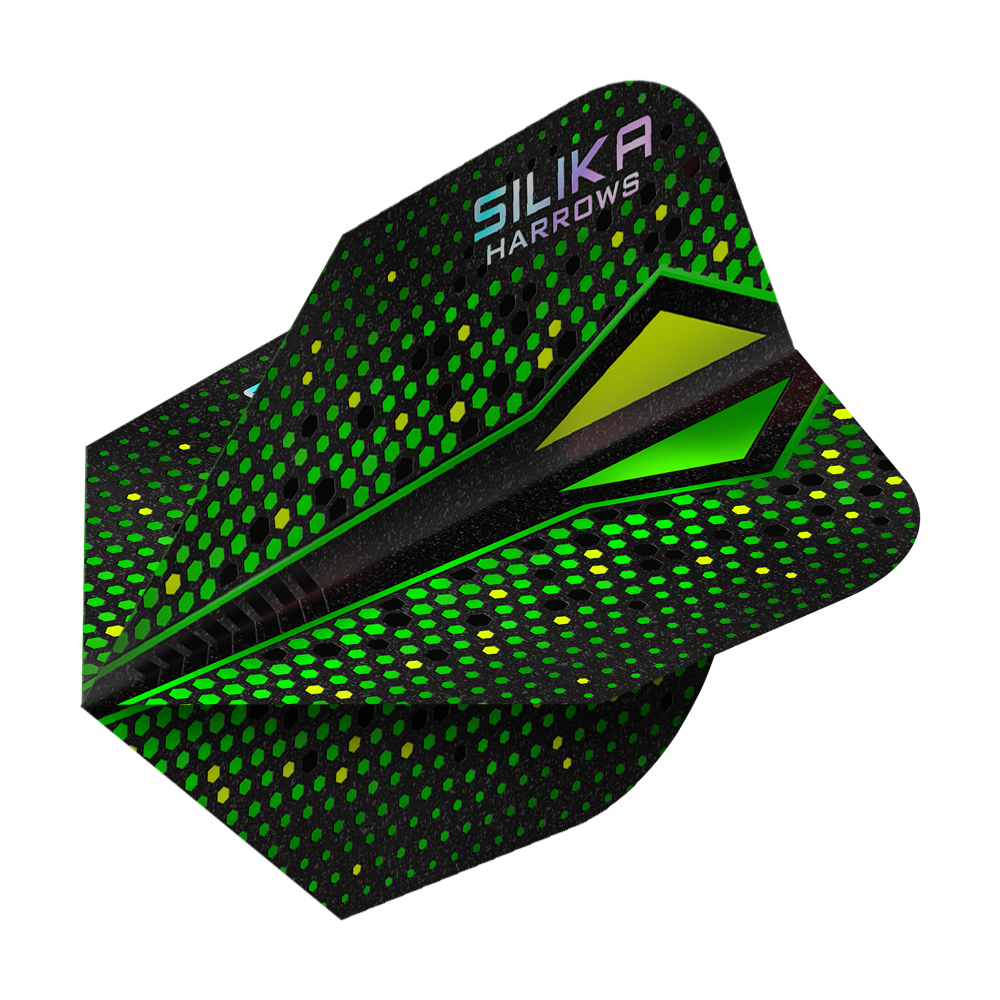 Harrows Silika Colorshift Twarda powłoka krystaliczna Green-X No6 Loty Das Bild zeigt einen grünen Dartflight mit auffälligem Punktmuster und dem Aufdruck „SILIKA HARROWS“. Die Oberfläche hat eine schimmernde, kristallähnliche Beschichtung.