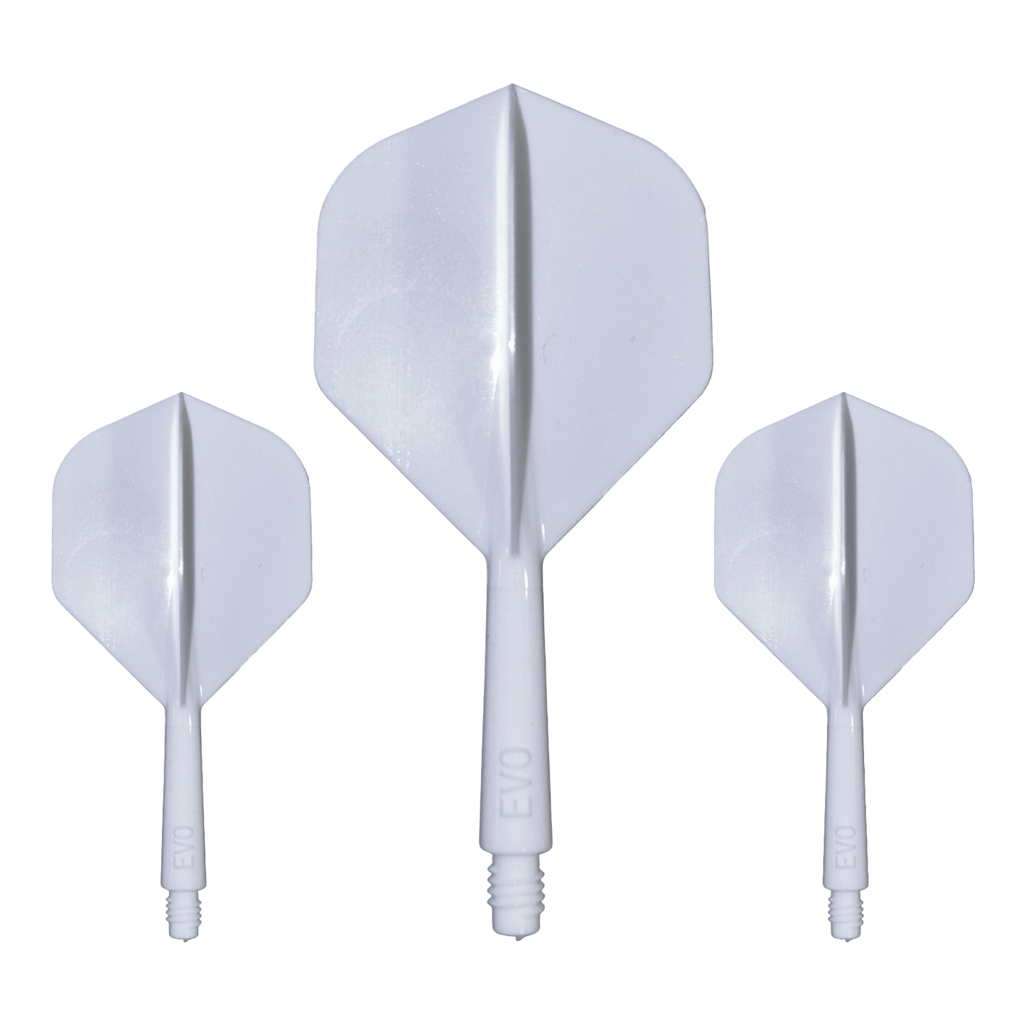 Hier ist das Evolution EVO1 Flight-Shaft-System in Weiß abgebildet. Dieses Produkt ist für den Einsatz im Dartsport bestimmt.