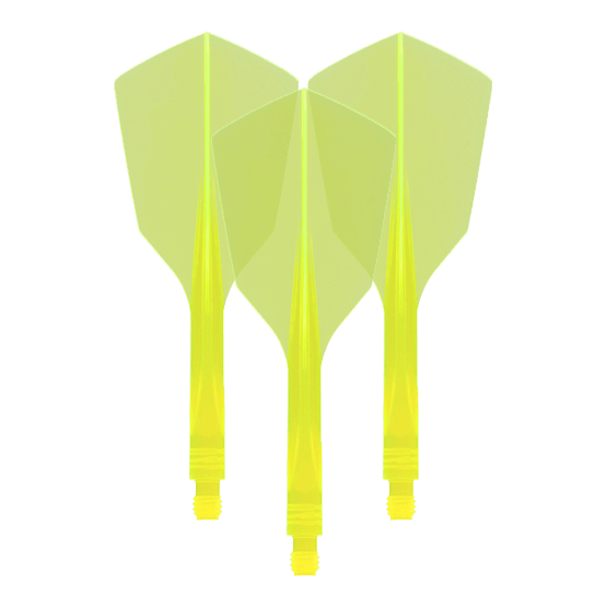 Das Bild zeigt drei neon-gelbe Dartflights mit schmaler Form. Es handelt sich um das Produkt „Condor Axe 120 Flight-System Neon Yellow - Narrow“.