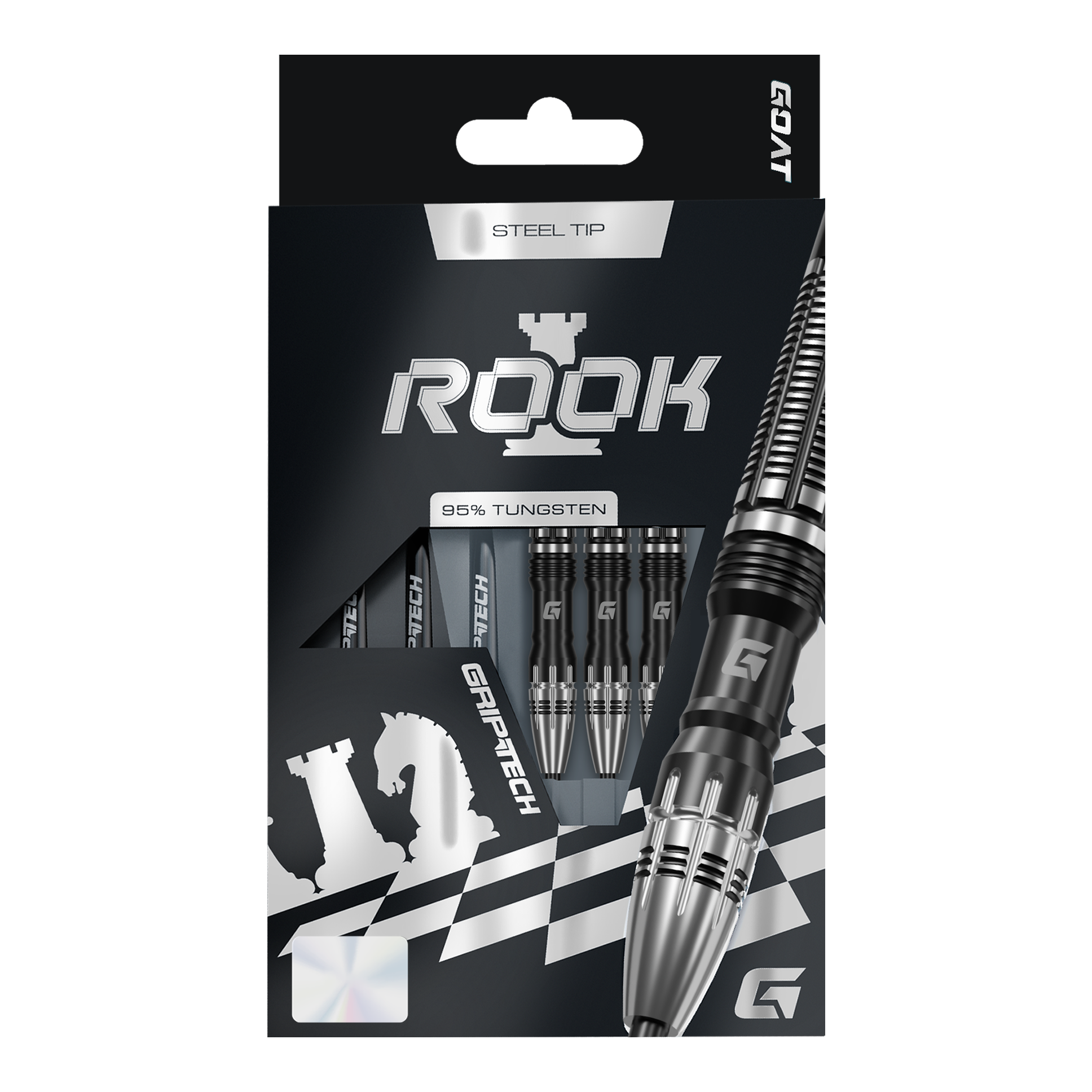 Das Bild zeigt GOAT Rook Steeldarts. Es handelt sich um hochwertige Steeldart-Pfeile.