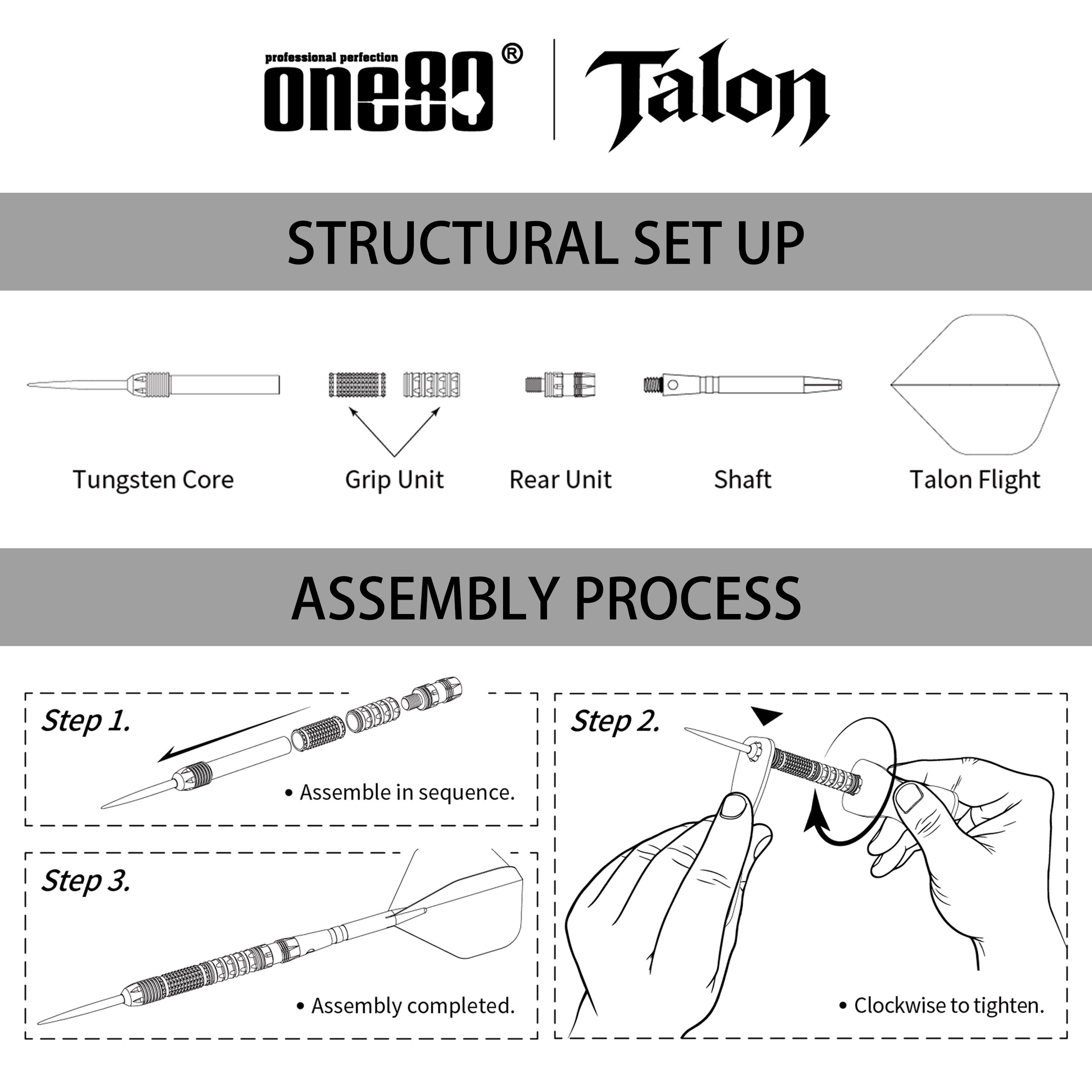 Abgebildet sind die One80 Talon Steeldarts. Diese Darts bieten eine hochwertige Verarbeitung und ein modernes Design.