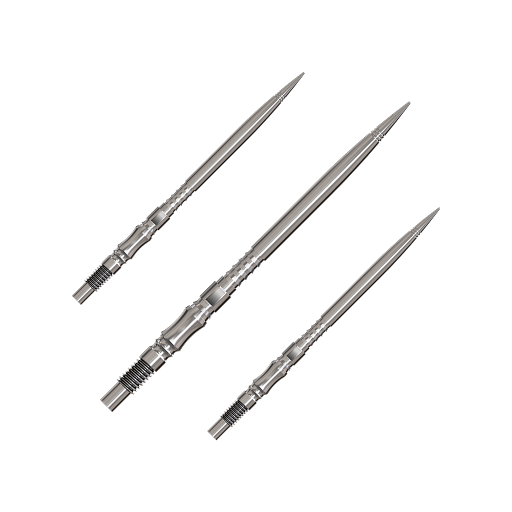 Axis Silver Elite Serie Dartspitzen in 40mm werden gezeigt. Die Spitzen sind silberfarben.