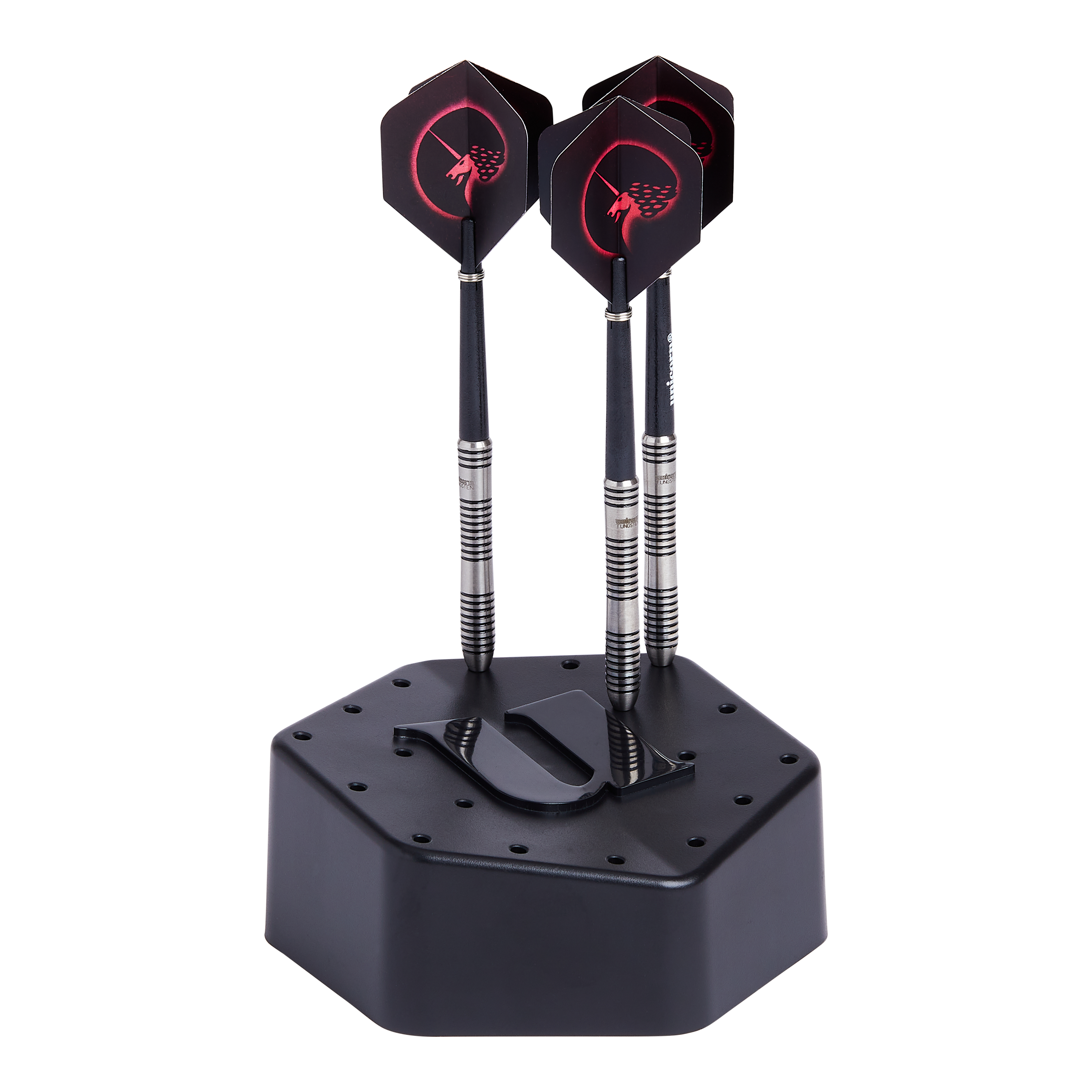 Stojak na rzutki w kształcie jednorożca Auf dem Bild ist ein schwarzer Dartständer mit drei Darts zu sehen. Der Ständer hat eine sechseckige Form und ein "U"-Logo auf der Oberseite.