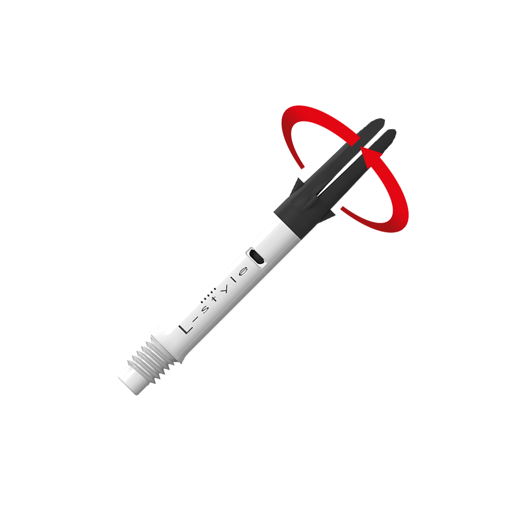 Wałek L-L-Style-Shaft Carbon Silent Straight - biały Das Bild zeigt einen weißen und schwarzen Dartshaft mit der Aufschrift "L-style". Ein roter Pfeil deutet auf eine Drehbewegung an der oberen schwarzen Spitze des Schafts hin.