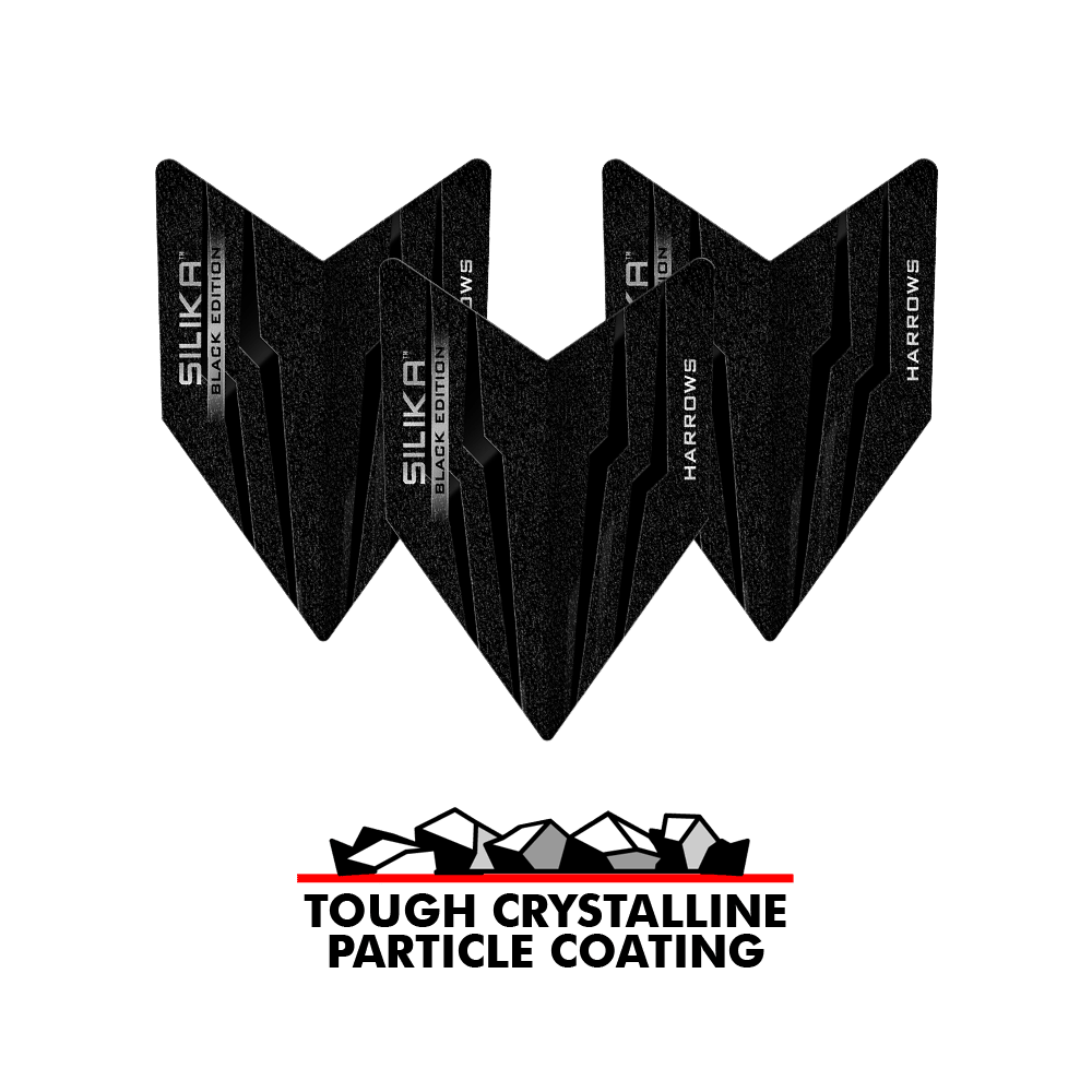 Harrows Silika Black Edition Velos Flights Das Bild zeigt die Harrows Silika Black-Edition Velos Flights in schwarzem Design. Unter den Flights steht der Slogan "Tough Crystalline Particle Coating" mit einer Grafik von Kristallen.